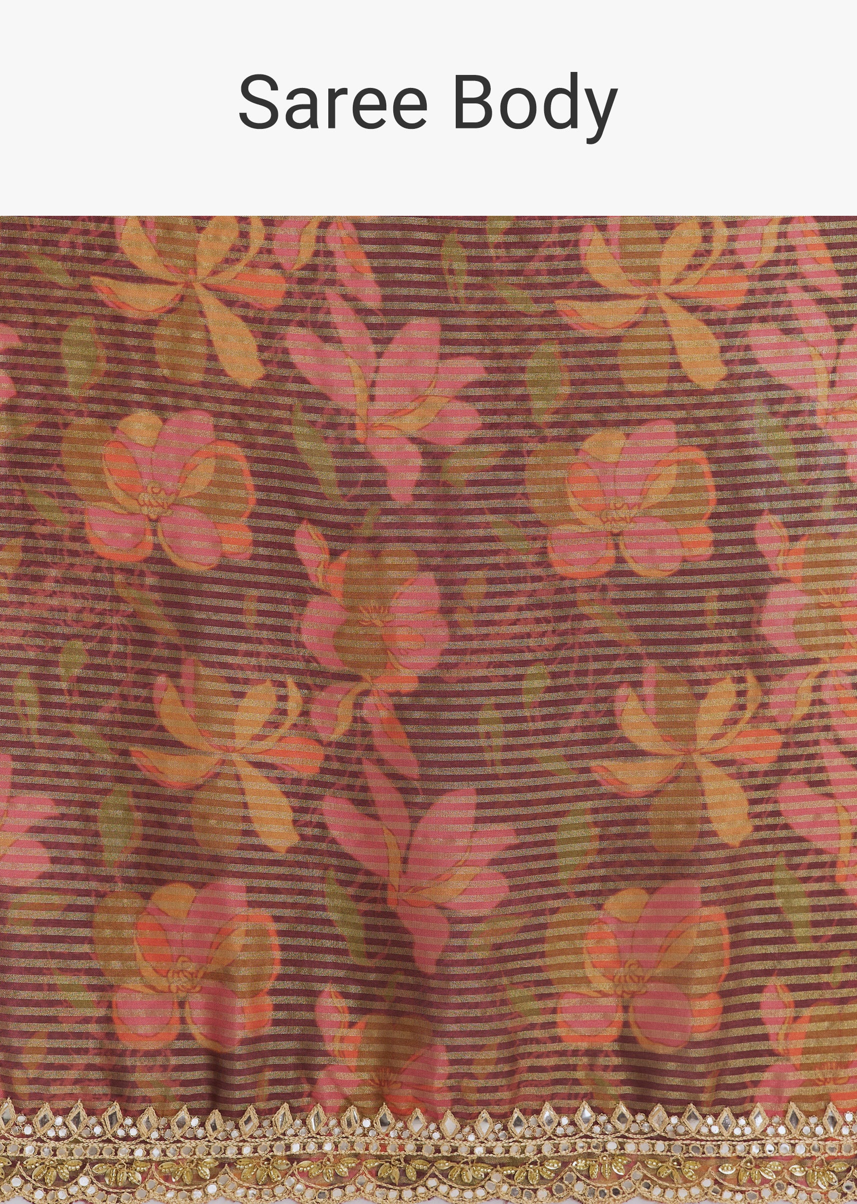 Brown Printed Tissue Lurex Saree With Zari Mirror And Cutdana Embroidery - Image 9
