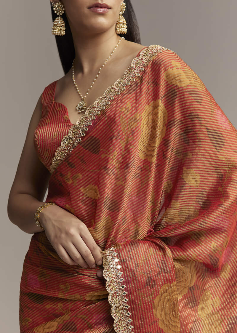 Brown Red Tissue Saree With Mirror And Zari Work - Image 2