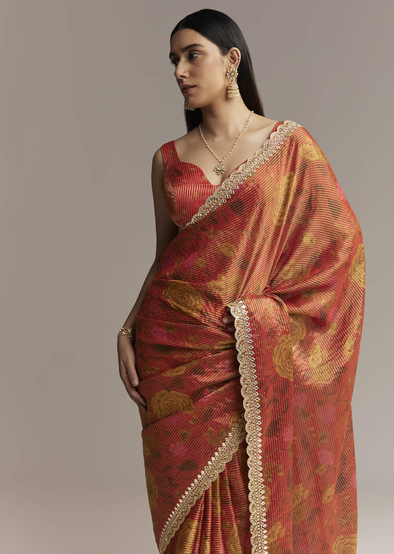 Brown Red Tissue Saree With Mirror And Zari Work - Image 5