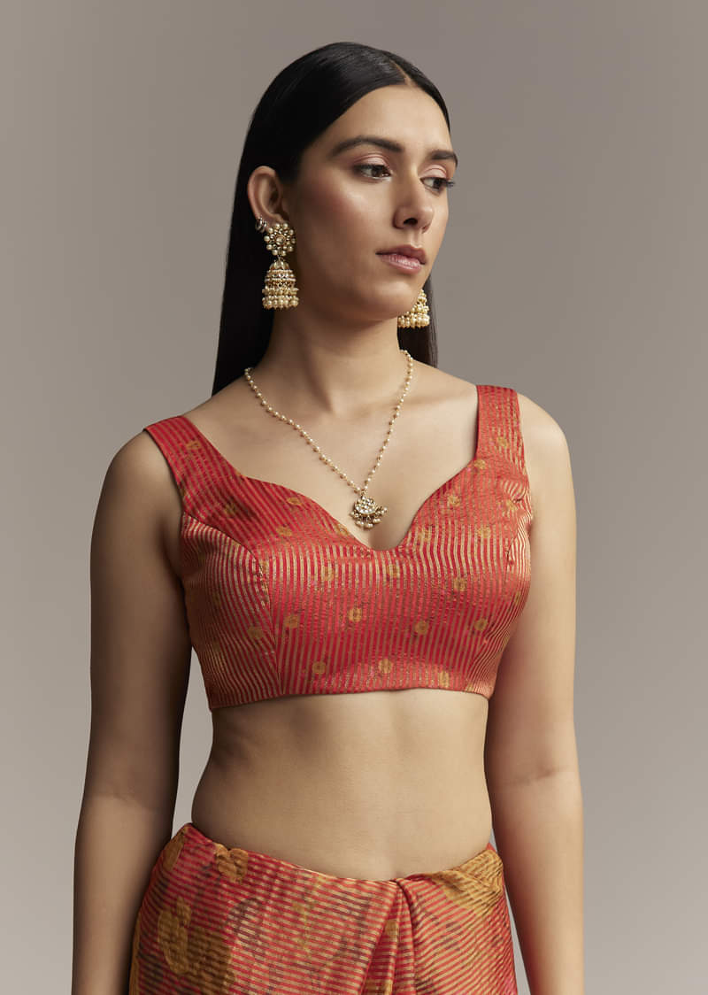 Brown Red Tissue Saree With Mirror And Zari Work - Image 7