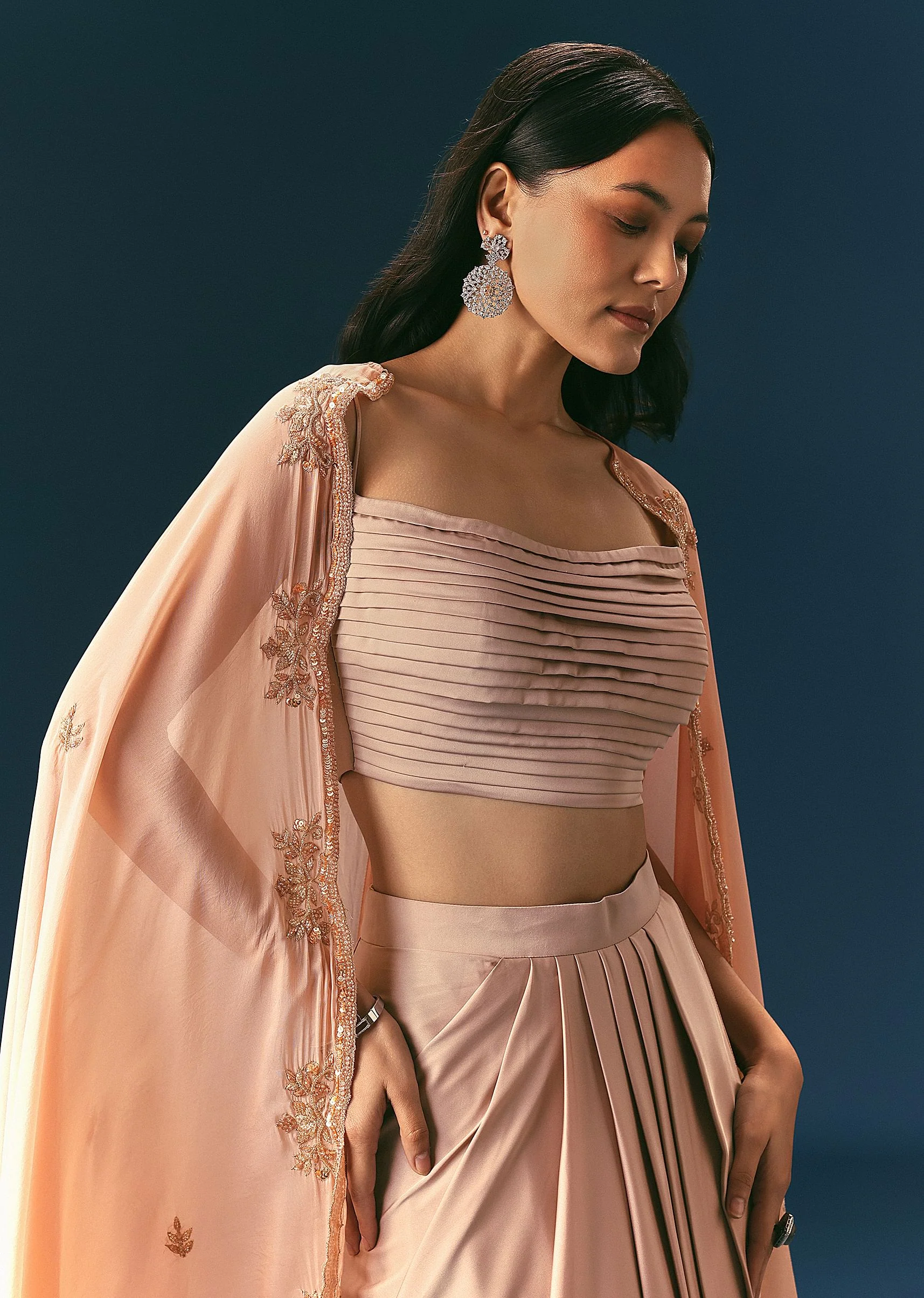 Brown Scallop Embroidered Cape With Bustier And Draped Skirt - Image 2