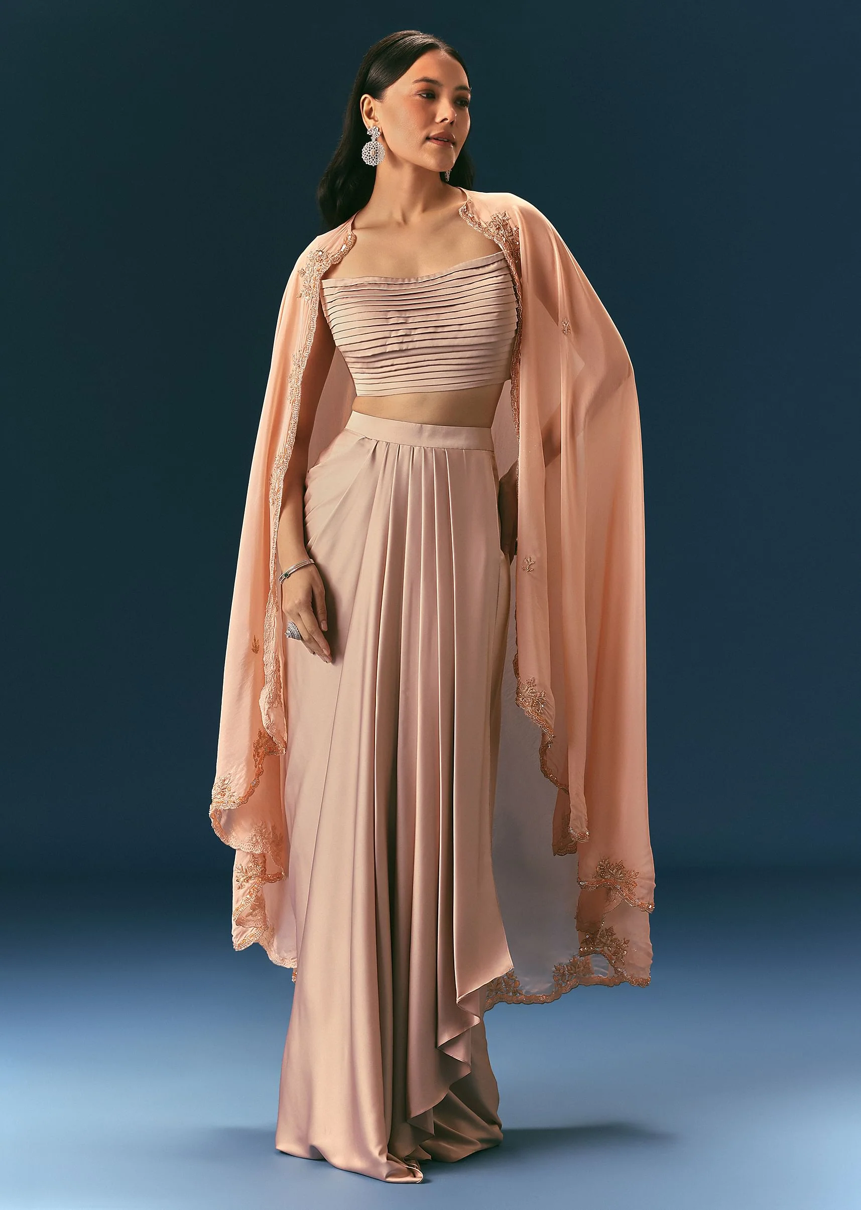 Brown Scallop Embroidered Cape With Bustier And Draped Skirt - Image 3