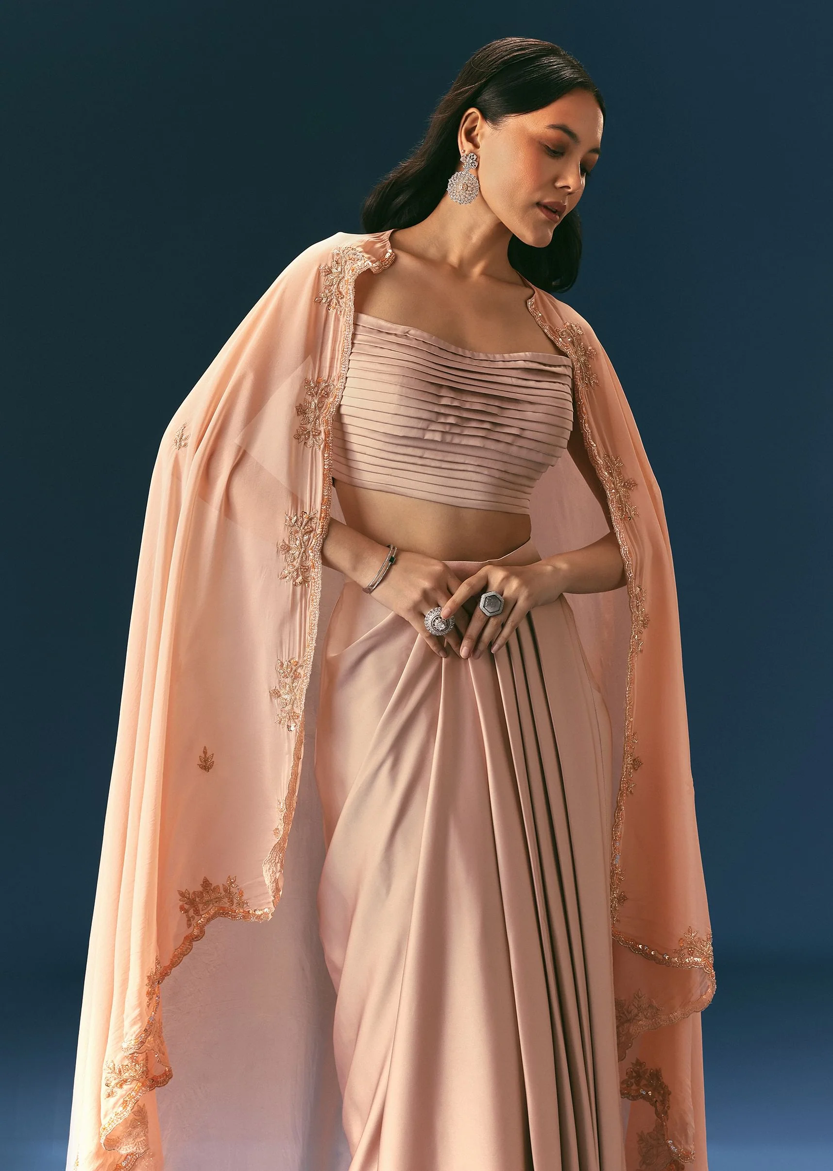Brown Scallop Embroidered Cape With Bustier And Draped Skirt - Image 4