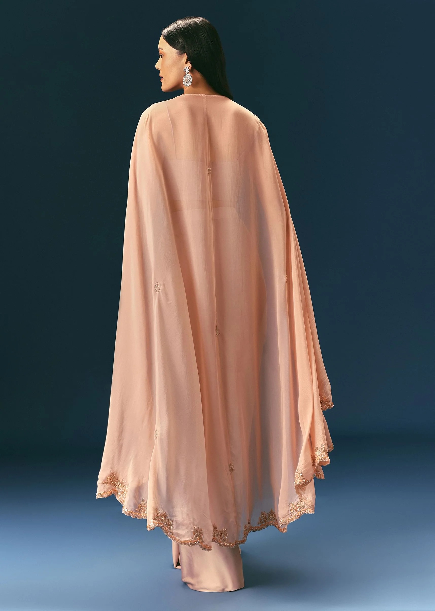 Brown Scallop Embroidered Cape With Bustier And Draped Skirt - Image 5