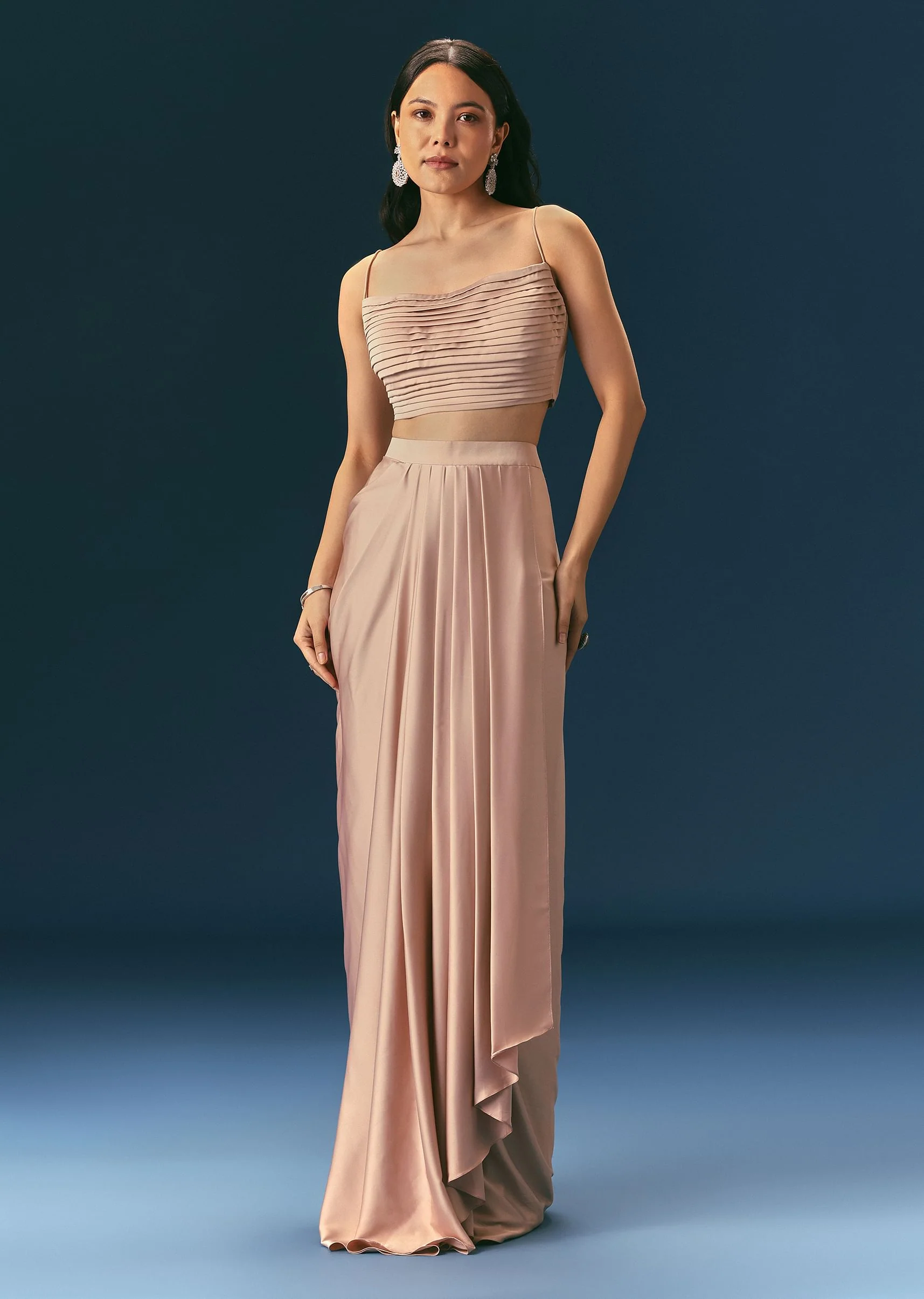 Brown Scallop Embroidered Cape With Bustier And Draped Skirt - Image 6