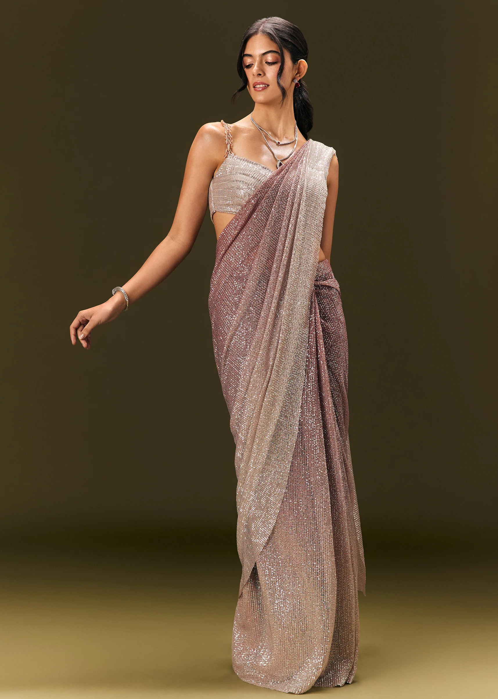 Brown Sequin Ready Pleated Saree With Stone Work