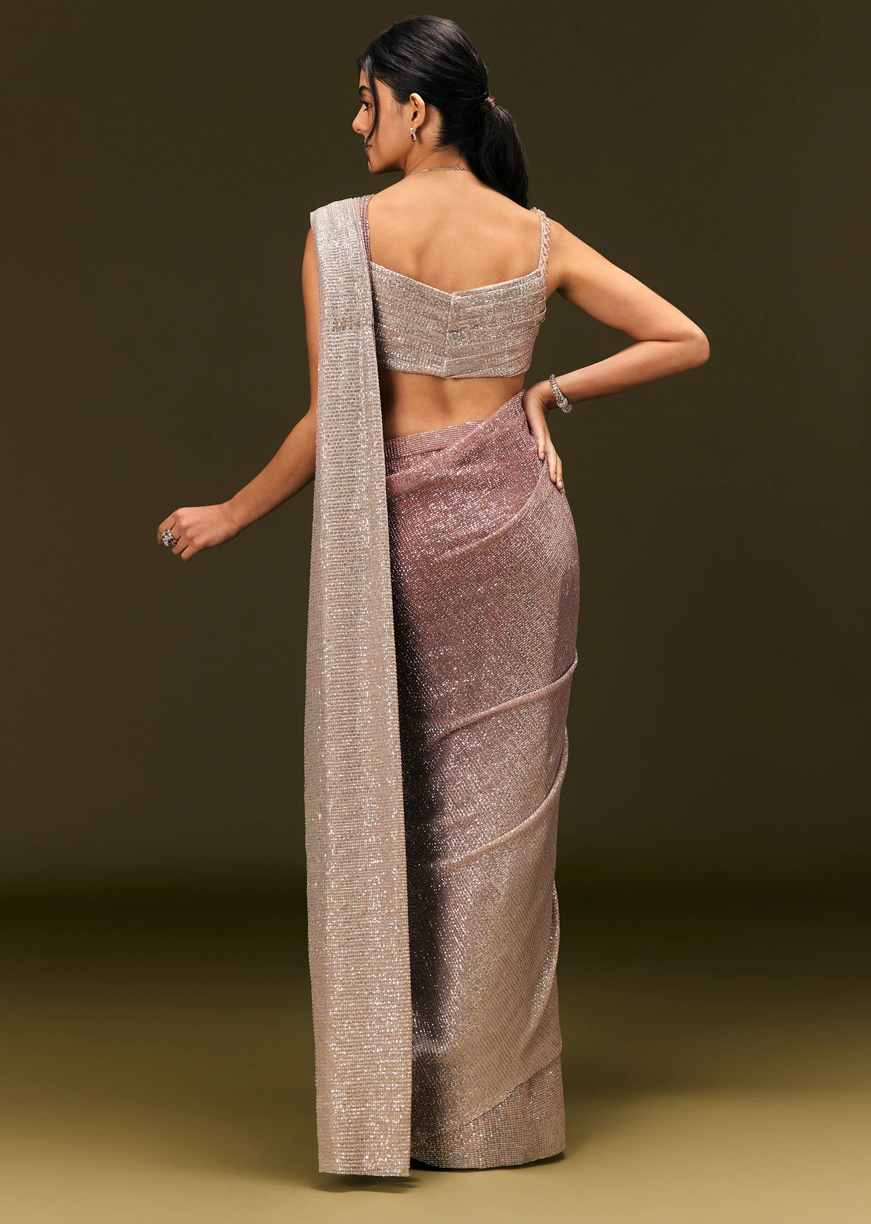 Brown Sequin Ready Pleated Saree With Stone Work - Image 5