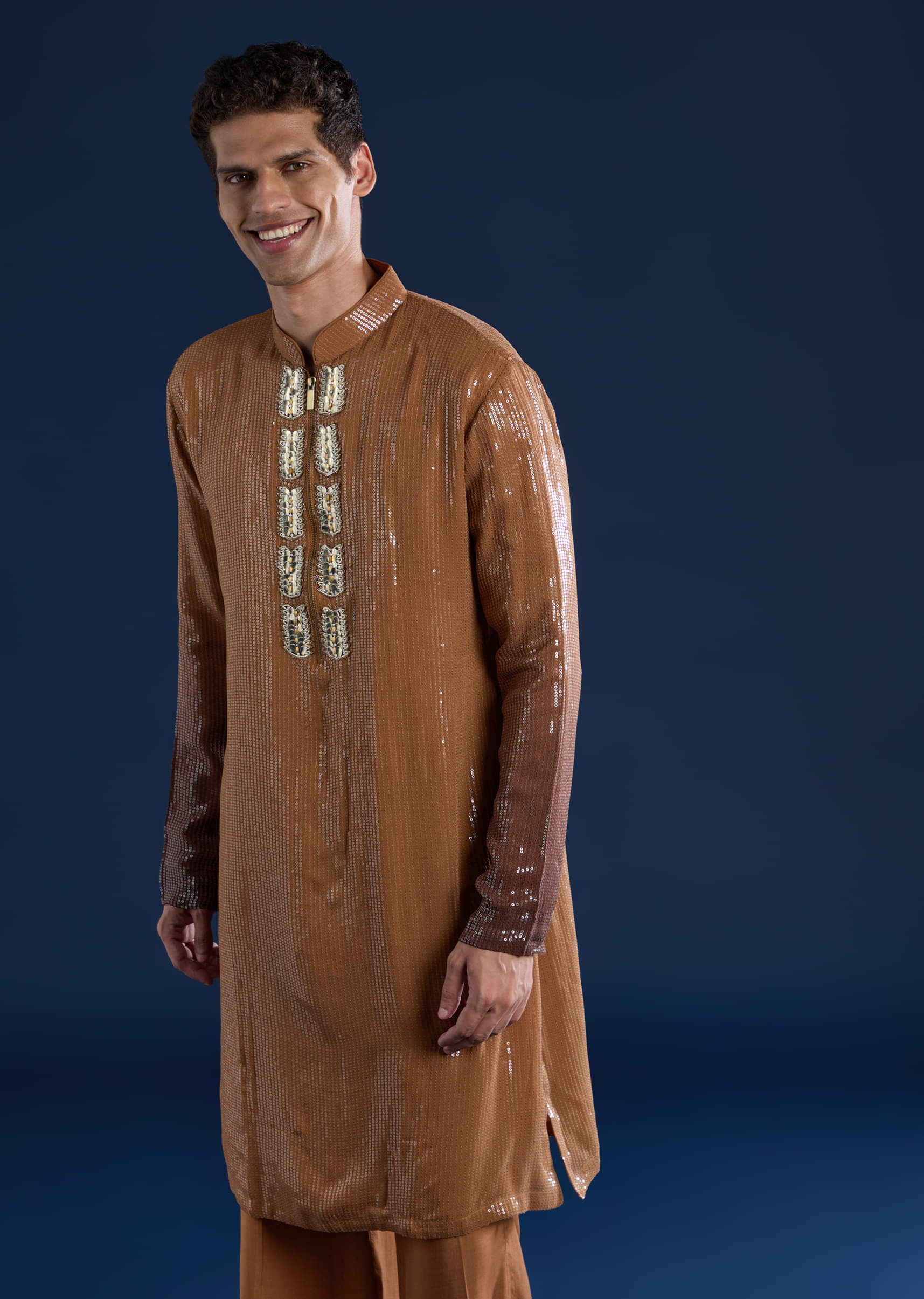 Brown Sequin Work Mens Kurta and Pant Set - Image 3