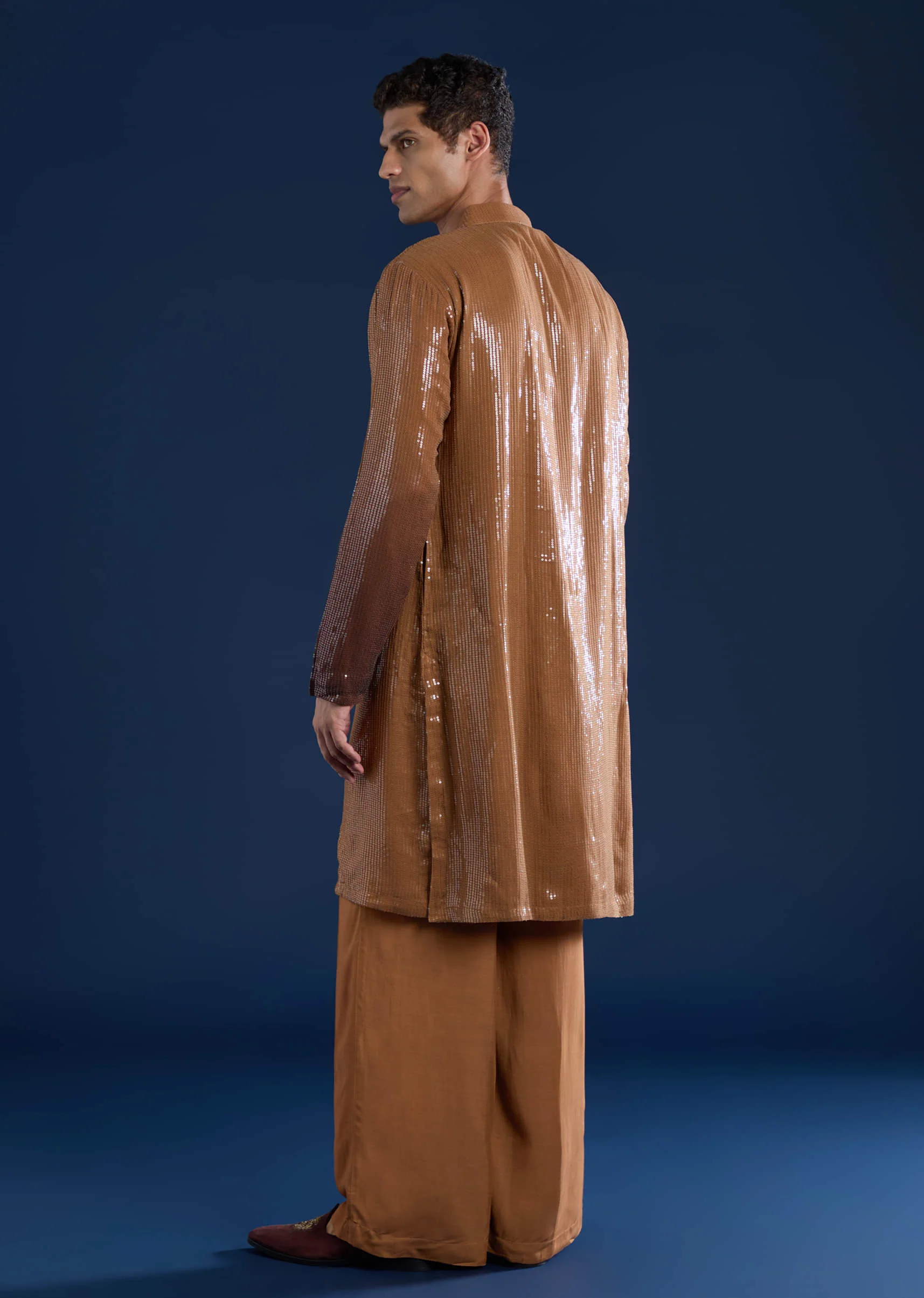 Brown Sequin Work Mens Kurta and Pant Set - Image 5