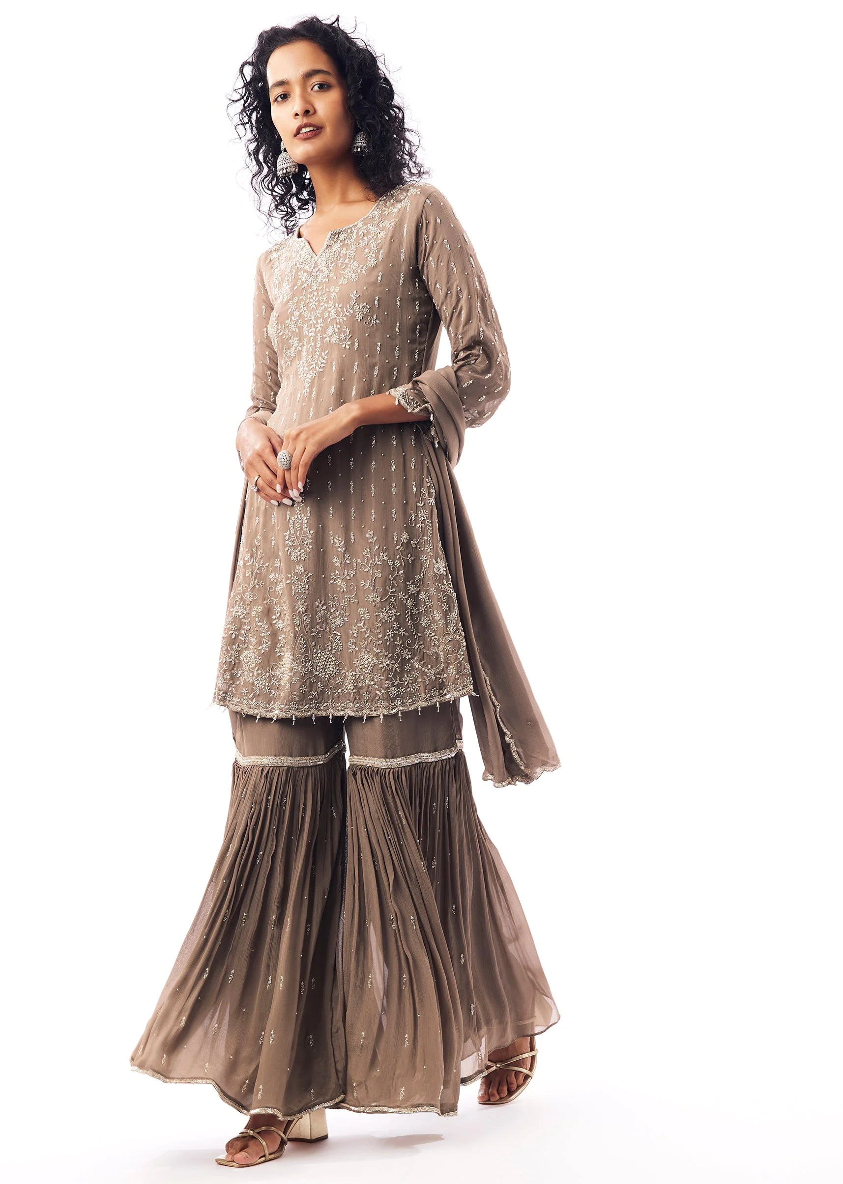 Brown Sharara Suit With Cutdana And Moti Highlights - Image 3