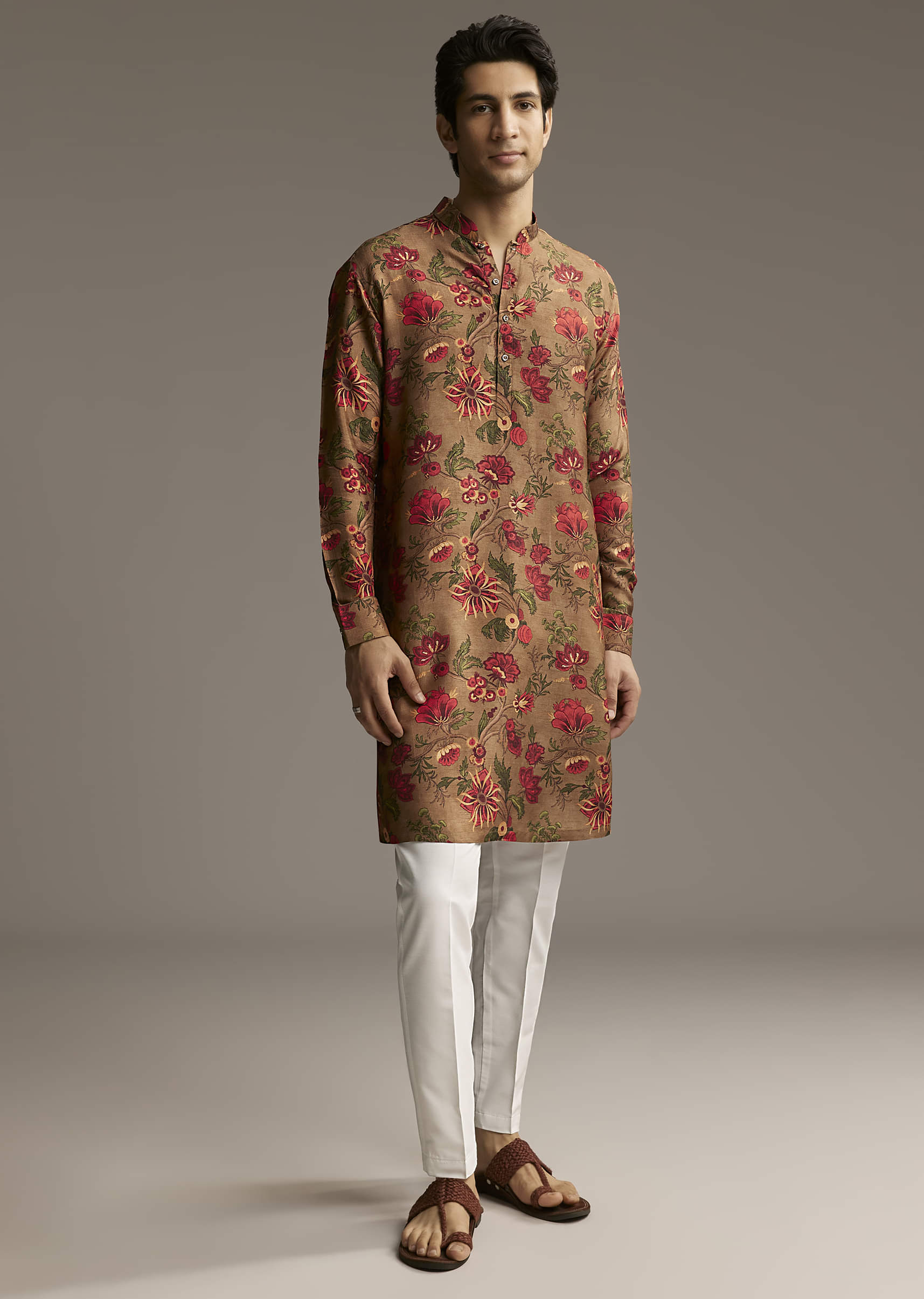 Brown Silk Designer Kurta For Men With Floral Print - Image 2