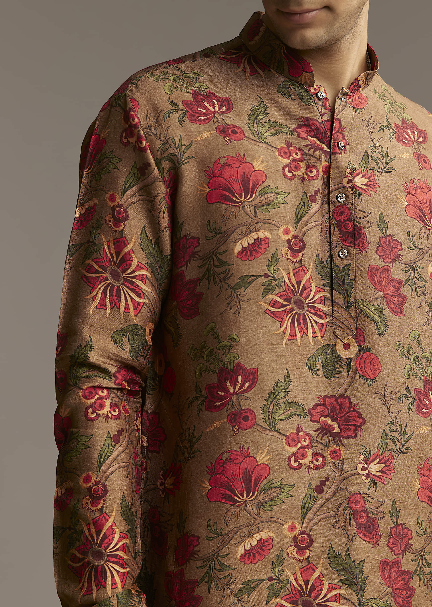 Brown Silk Designer Kurta For Men With Floral Print - Image 3