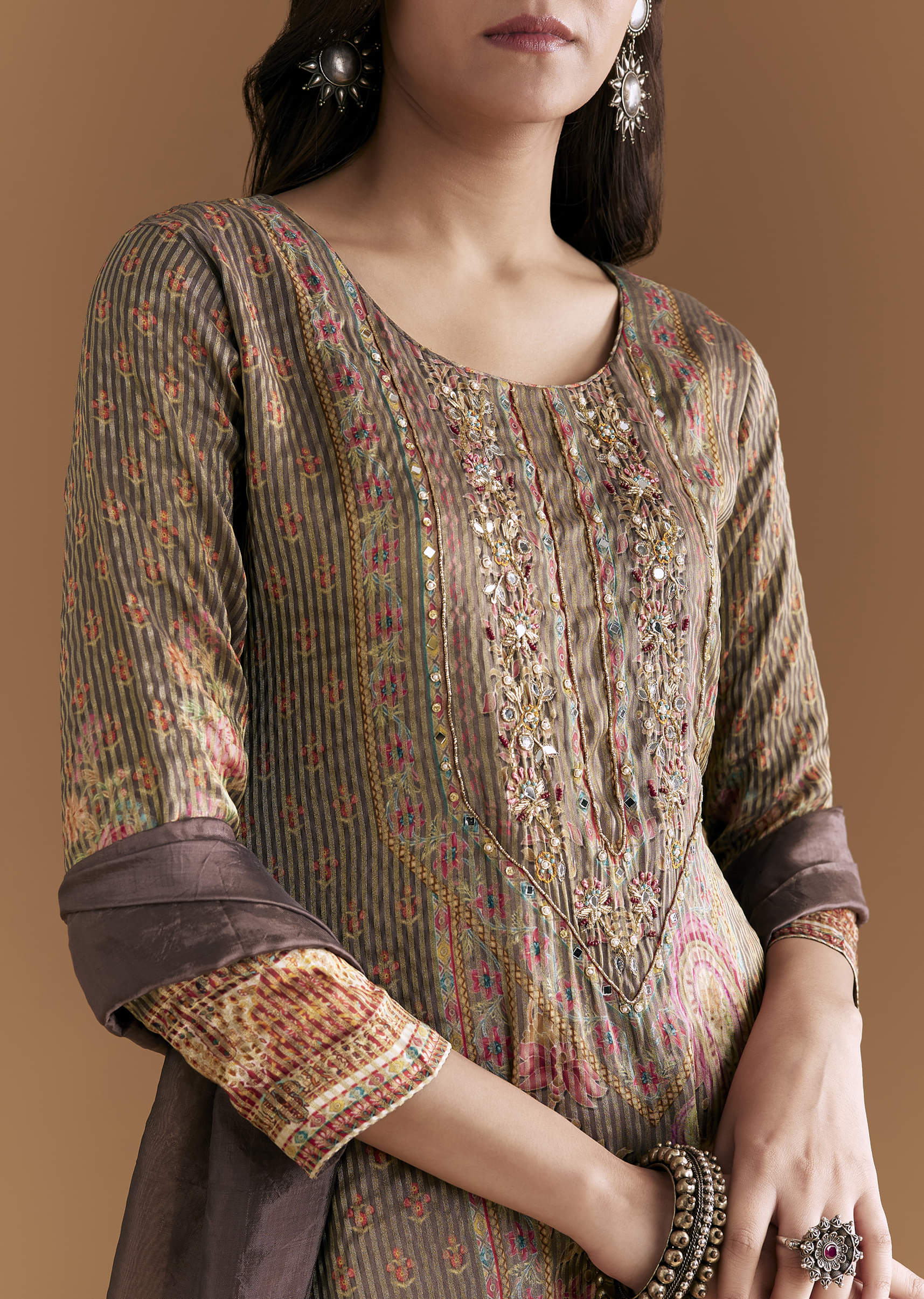 Brown Silk Kurta Set With Floral And Paisley Print - Image 2