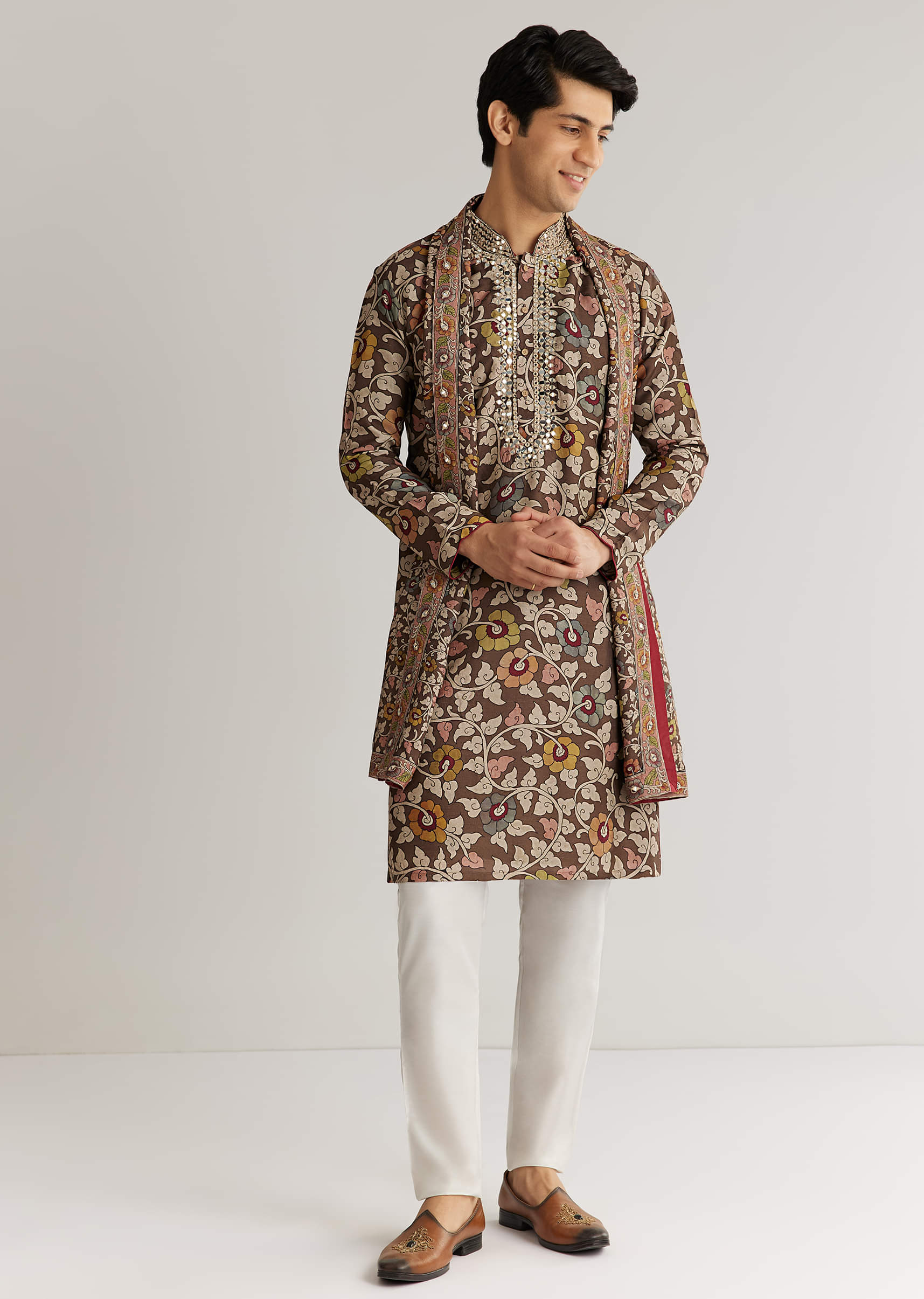 Brown Silk Mirron Threadwork Kurta Set With Dupatta - Image 4