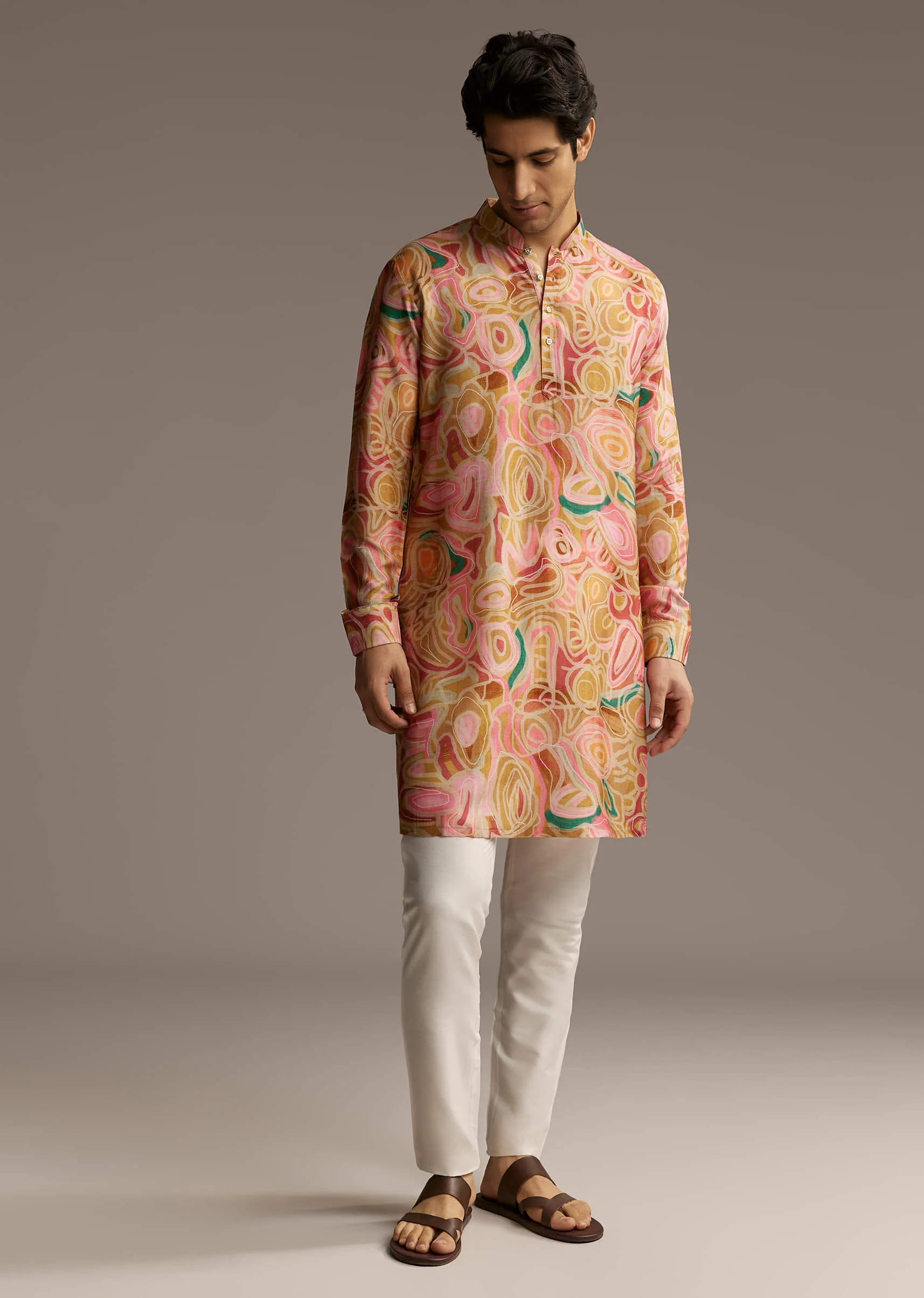 Brown Silk Printed Designer Kurta For Men With Print - Image 2
