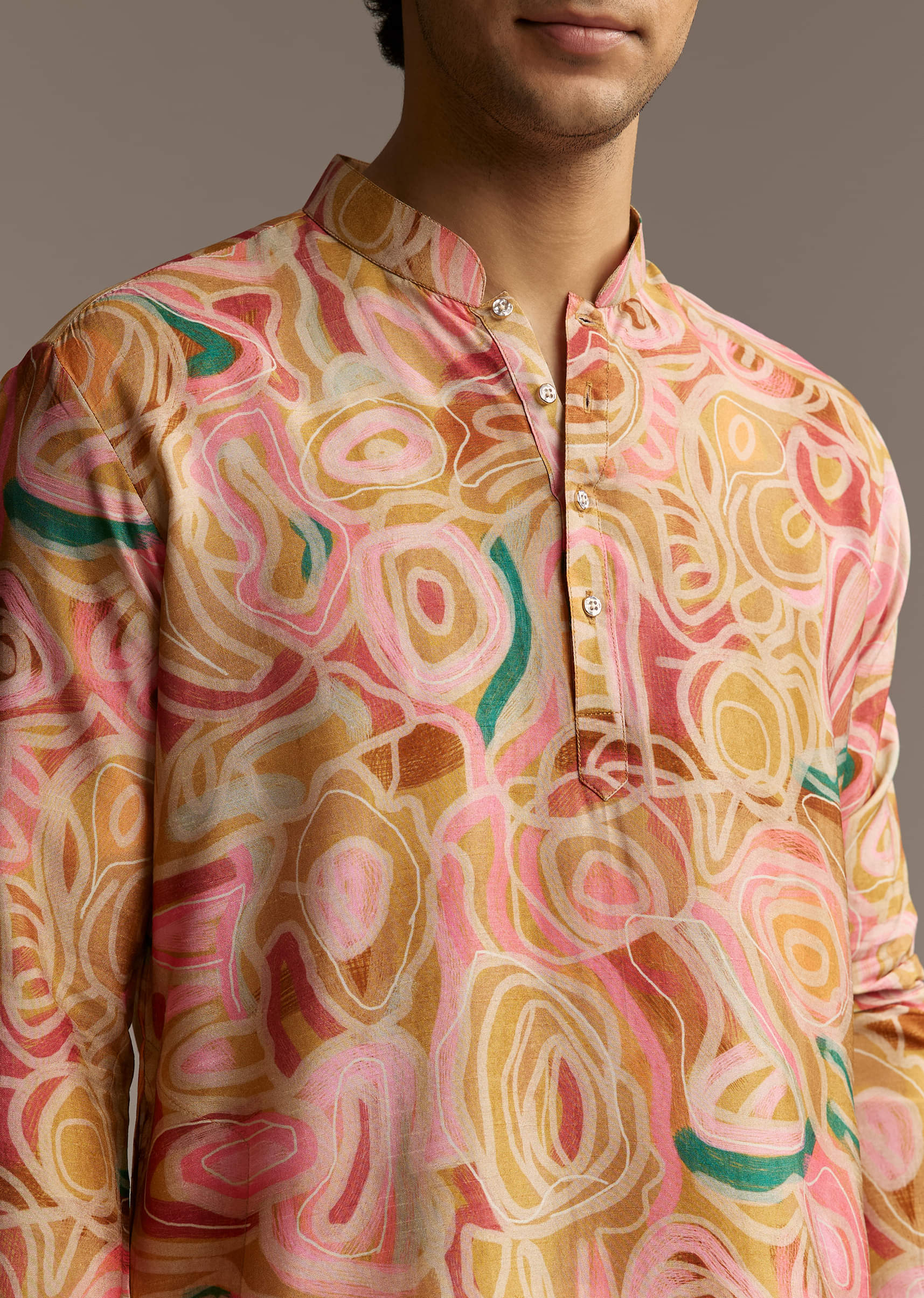 Brown Silk Printed Designer Kurta For Men With Print - Image 3