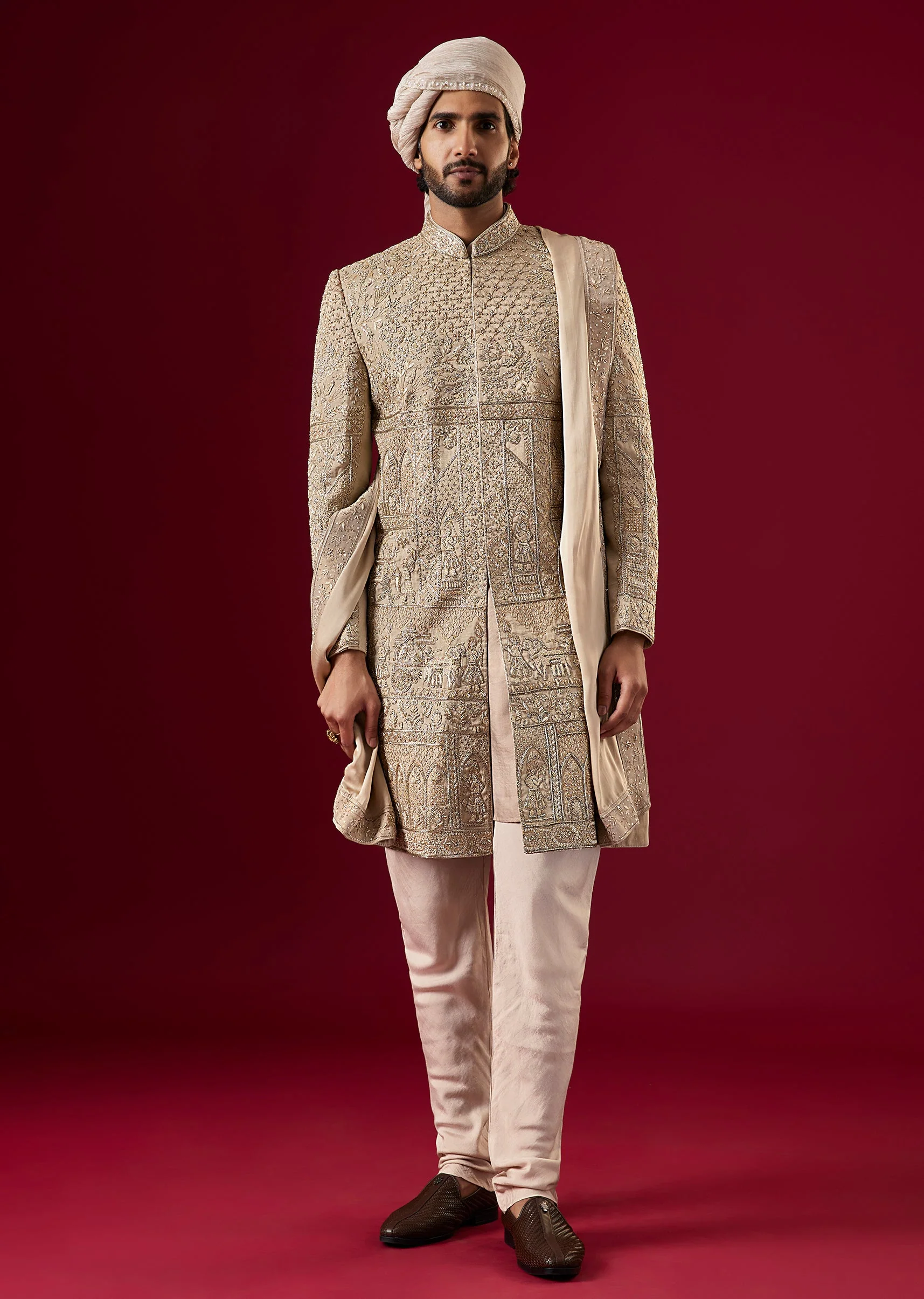 Brown Silk Tissue Sherwani Set With Zardosi Work - Image 3