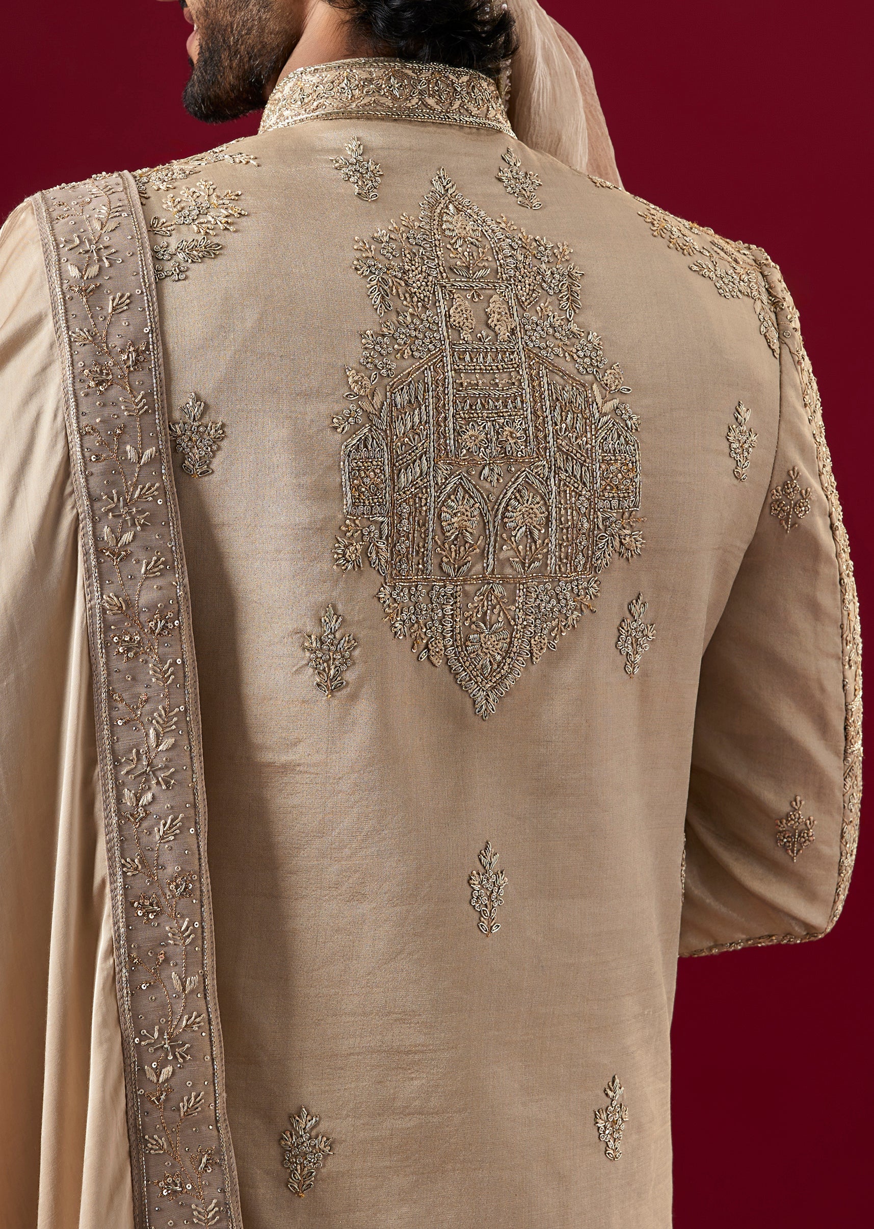 Brown Silk Tissue Sherwani Set With Zardosi Work - Image 4