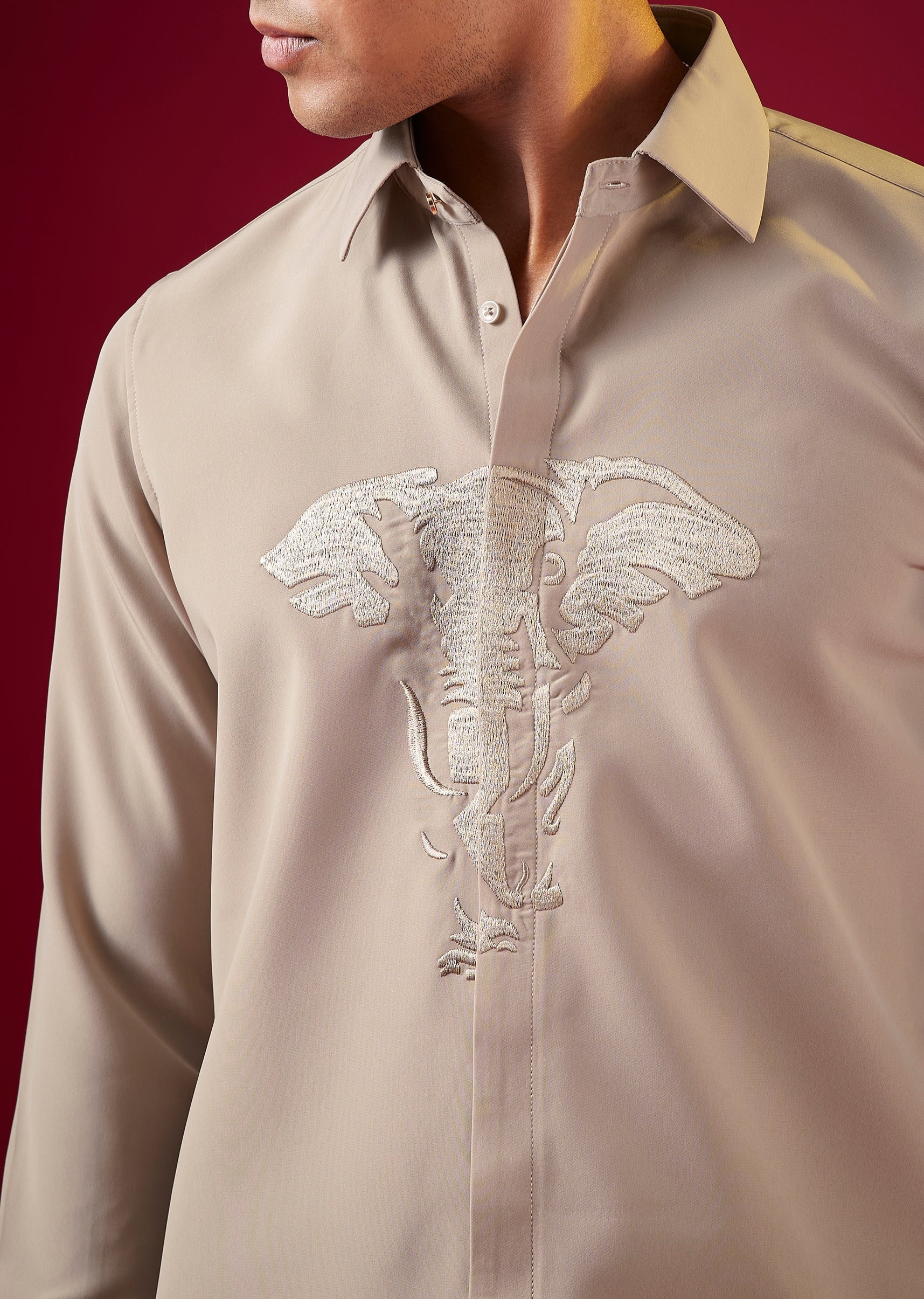 Brown Thread Embroidered Mandarin Collar Mens Shirt - Image 2