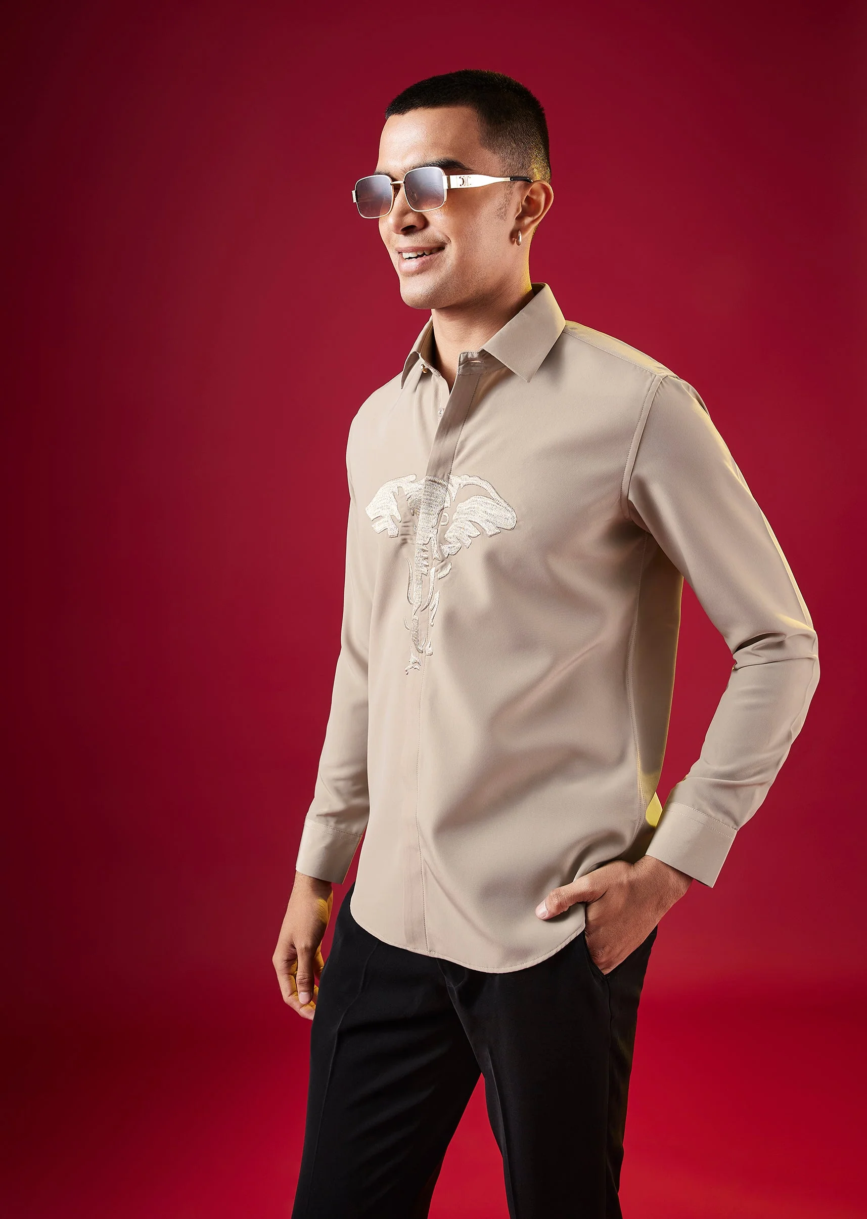 Brown Thread Embroidered Mandarin Collar Mens Shirt - Image 3