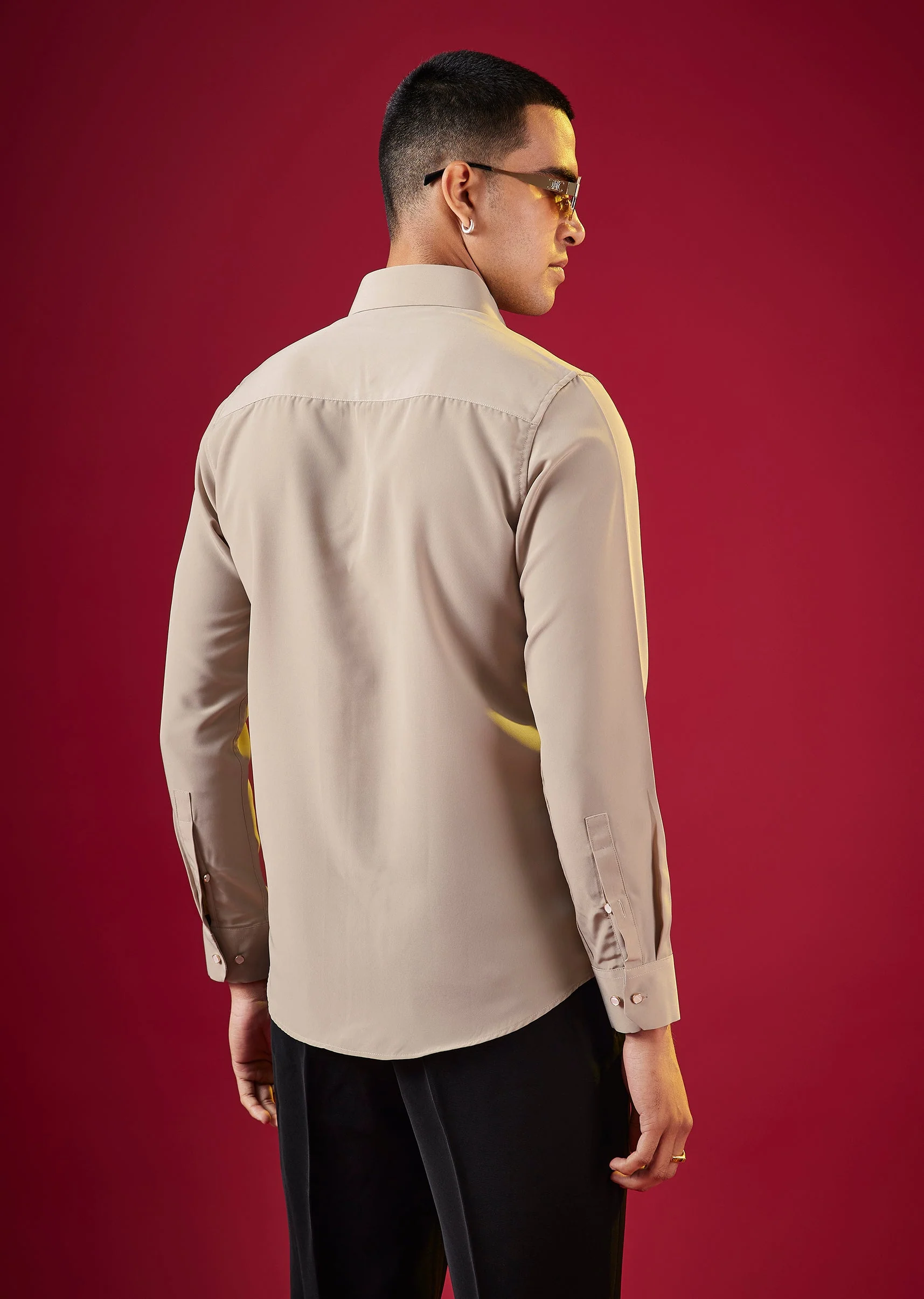 Brown Thread Embroidered Mandarin Collar Mens Shirt - Image 4