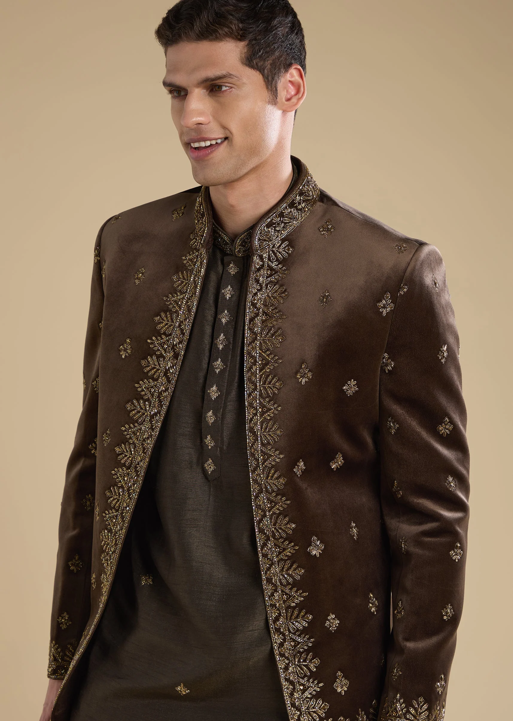 Brown Velvet Embellished Jodhpuri Set With Kurta And Pants - Image 2