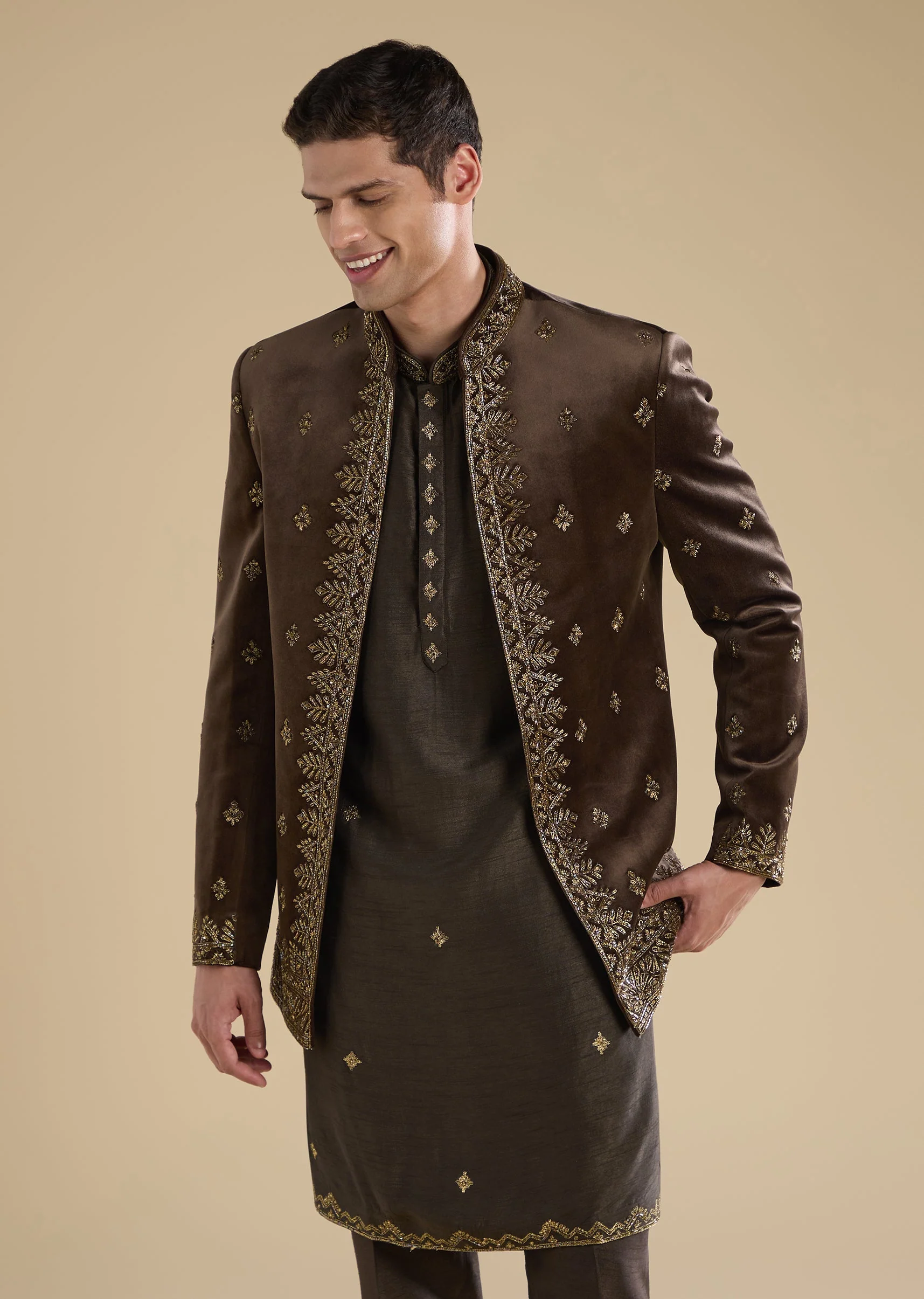 Brown Velvet Embellished Jodhpuri Set With Kurta And Pants - Image 4