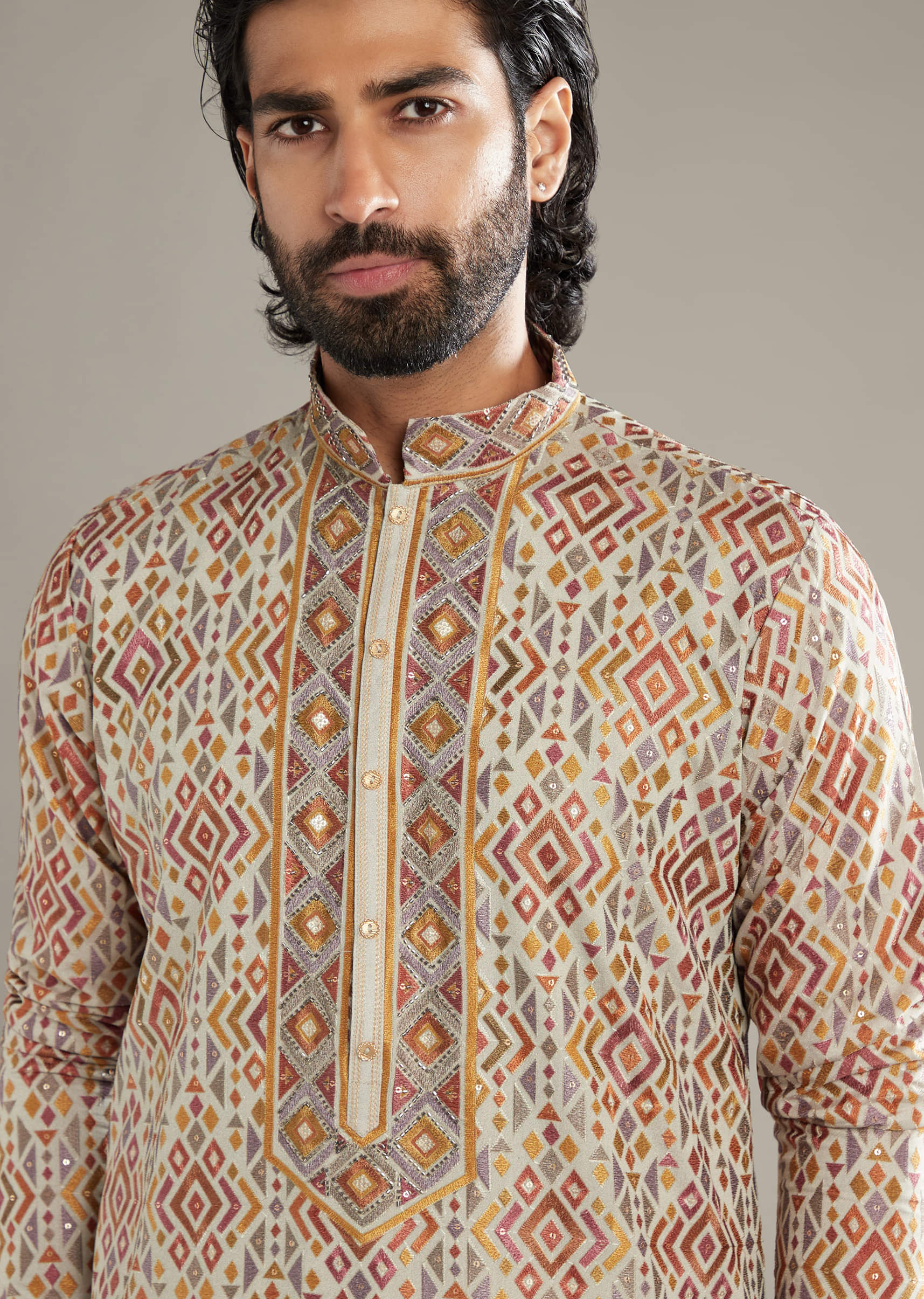 Brown Velvet Kurta Set For Men With Mirror And Cut Dana Work - Image 2
