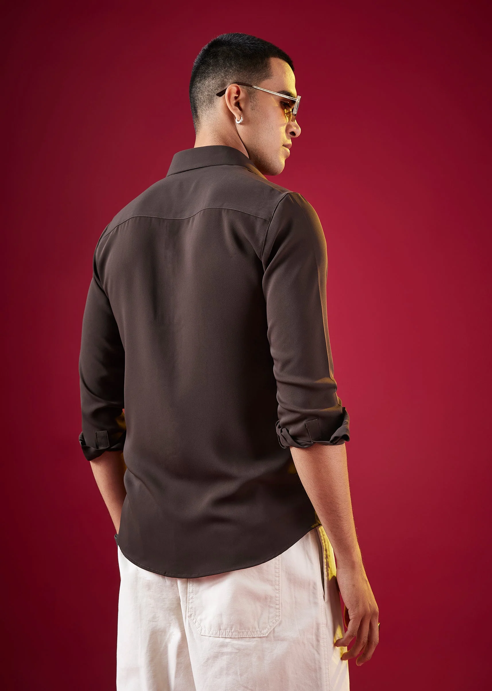 Brown Viscose Mandarin Collar Solid Mens Shirt - Image 4