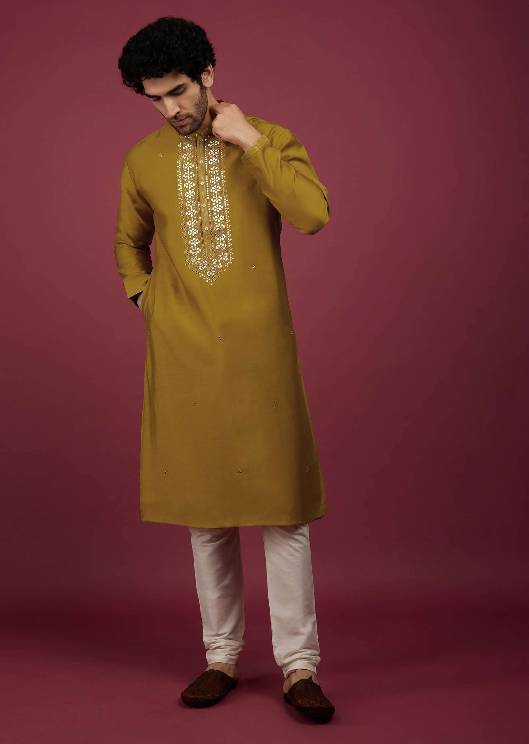Yellow Silk Kurta Set In Leather Work On Yoke - Image 2