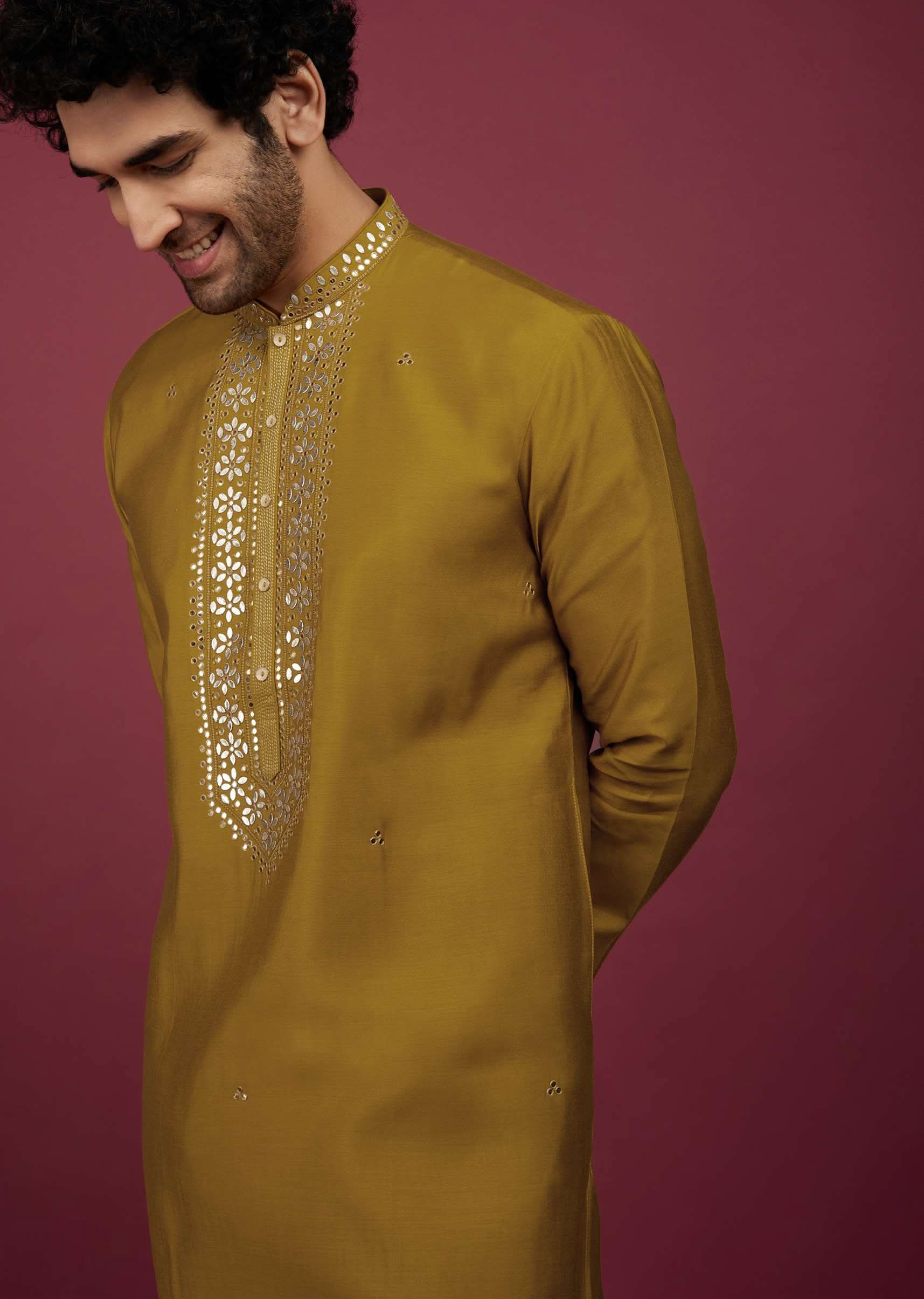 Yellow Silk Kurta Set In Leather Work On Yoke - Image 3