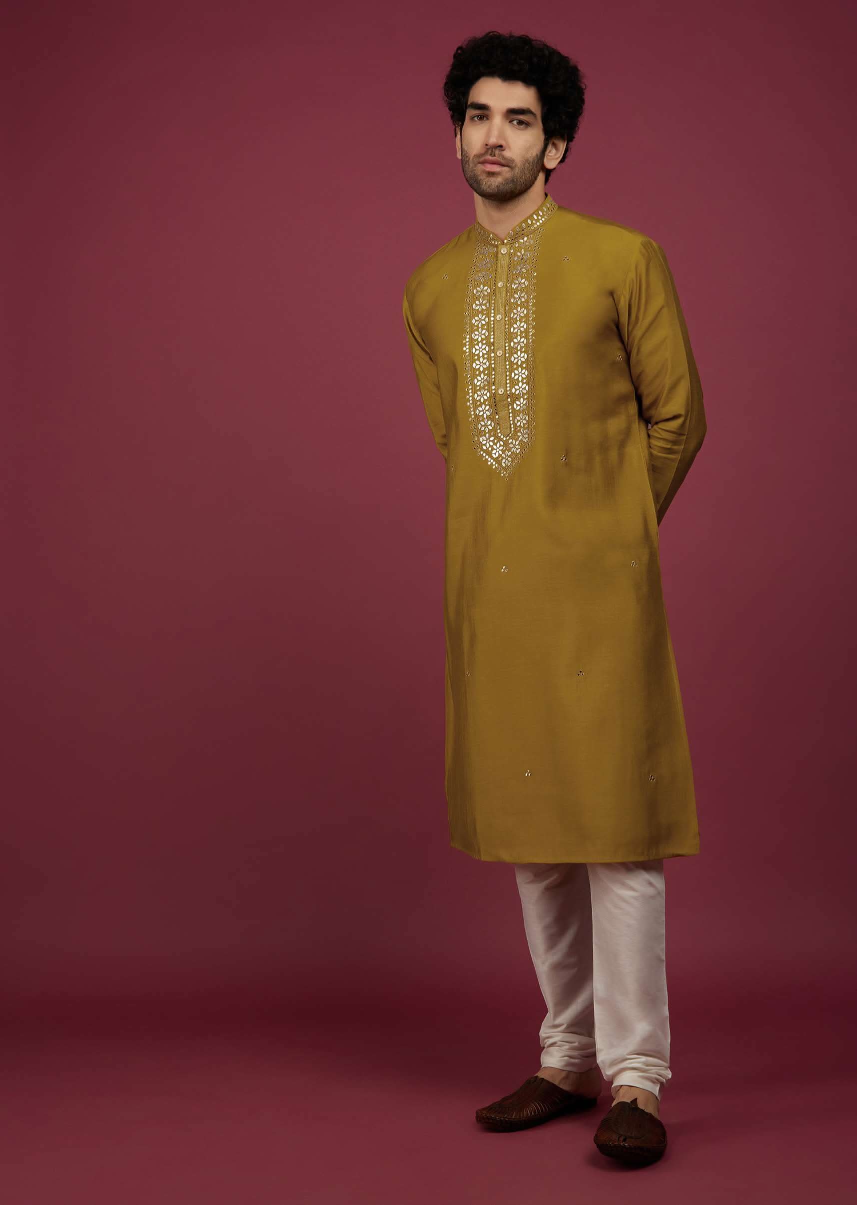 Yellow Silk Kurta Set In Leather Work On Yoke - Image 4