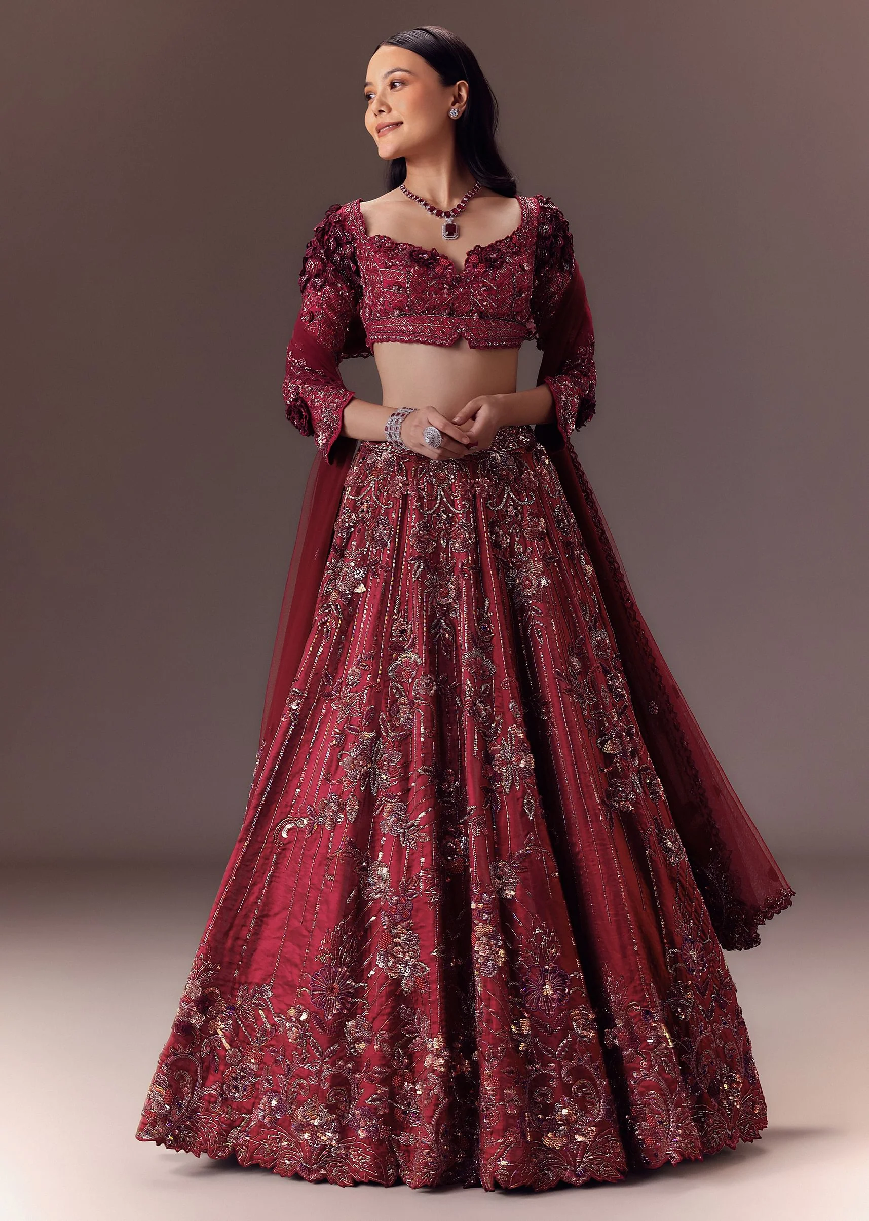 Burgandy Wine Organza Lehenga Set - Image 3