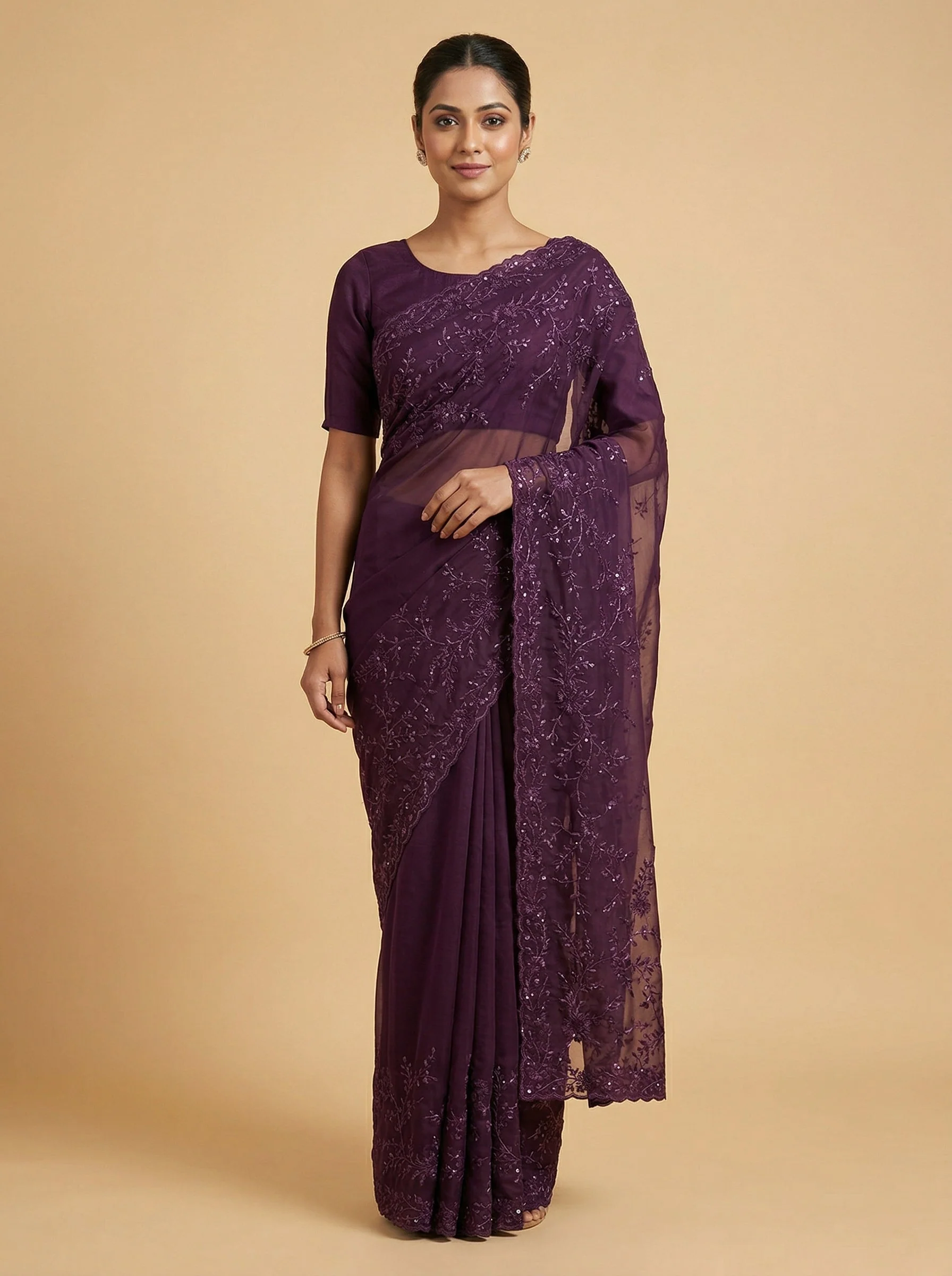 Burgundy Maroon Embroidered Saree