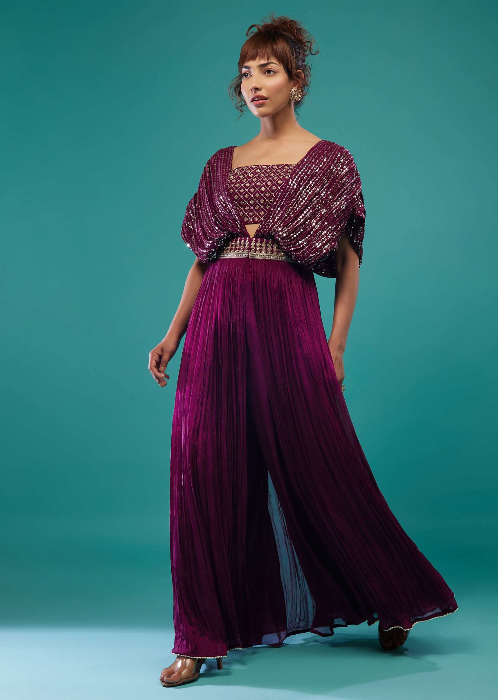 Burgundy Purple Hand-Embroidered Palazzo Crop-Top Set In Chinon - Image 3