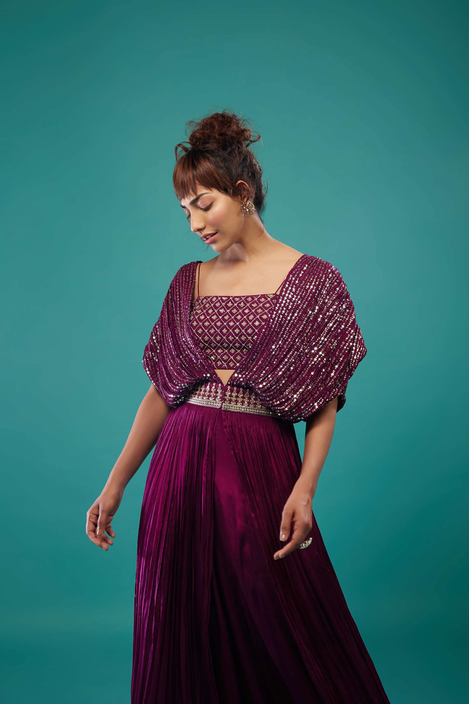 Burgundy Purple Hand-Embroidered Palazzo Crop-Top Set In Chinon - Image 4
