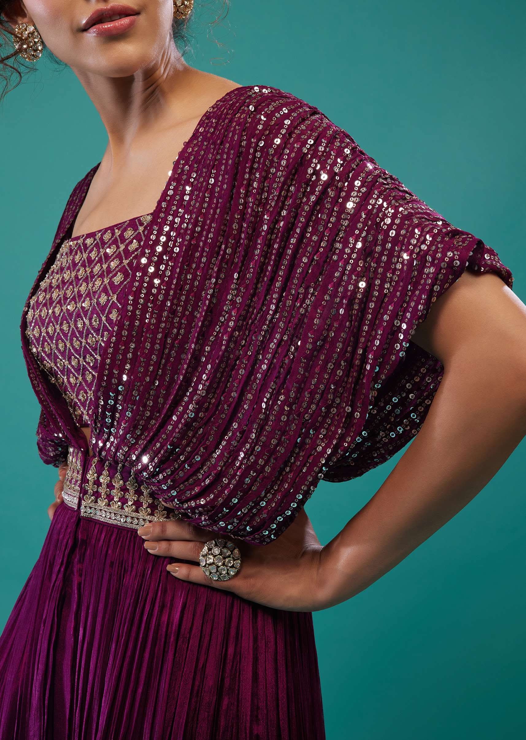 Burgundy Purple Hand-Embroidered Palazzo Crop-Top Set In Chinon - Image 5
