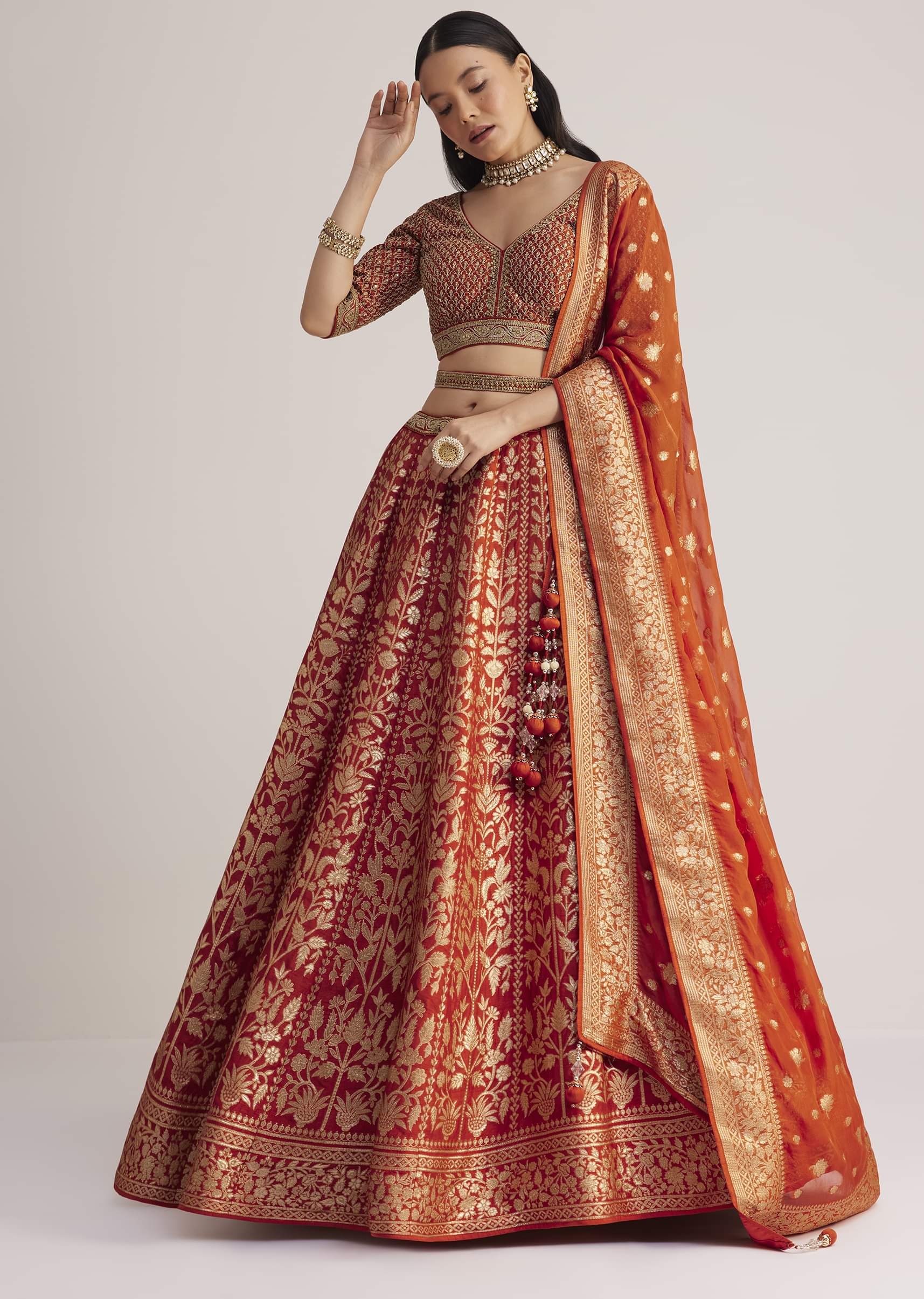 Burnt Orange Brocade Embroidered Lehenga Set - Image 2