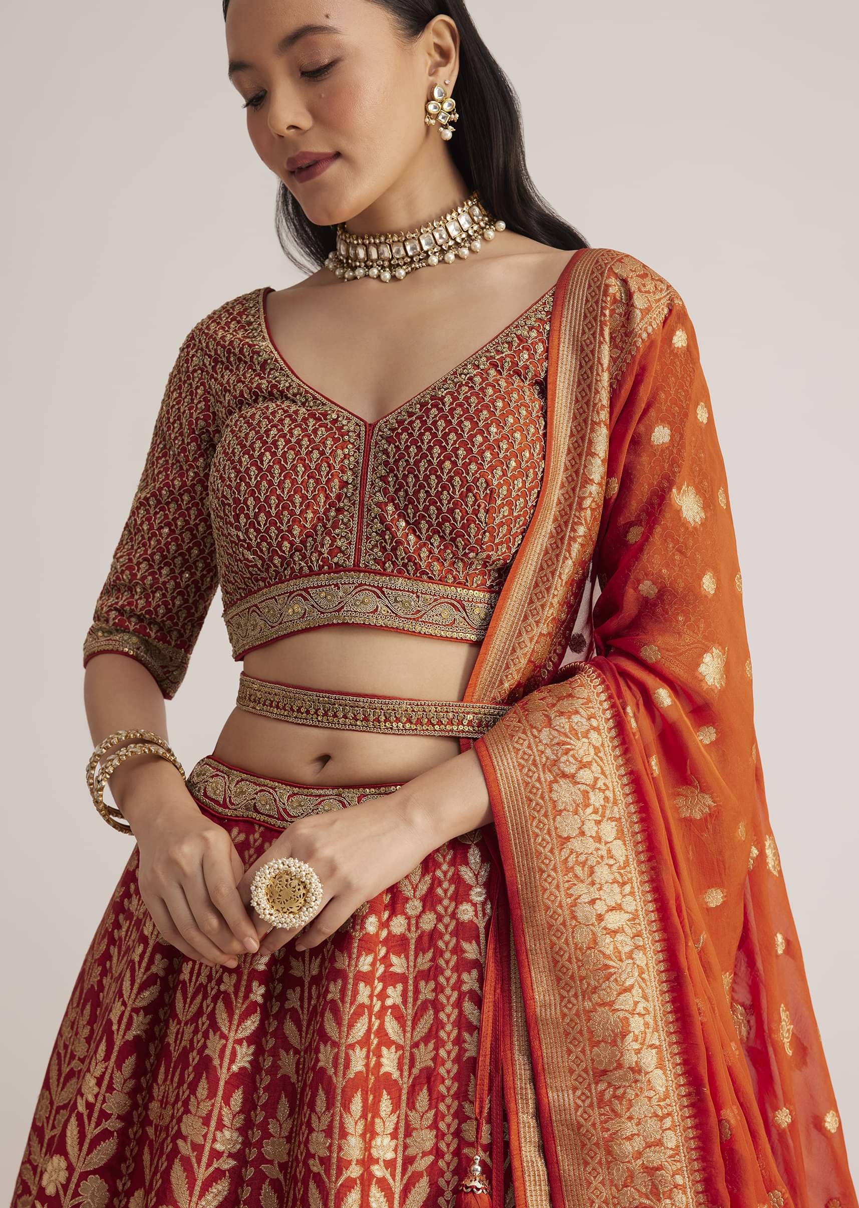 Burnt Orange Brocade Embroidered Lehenga Set - Image 3