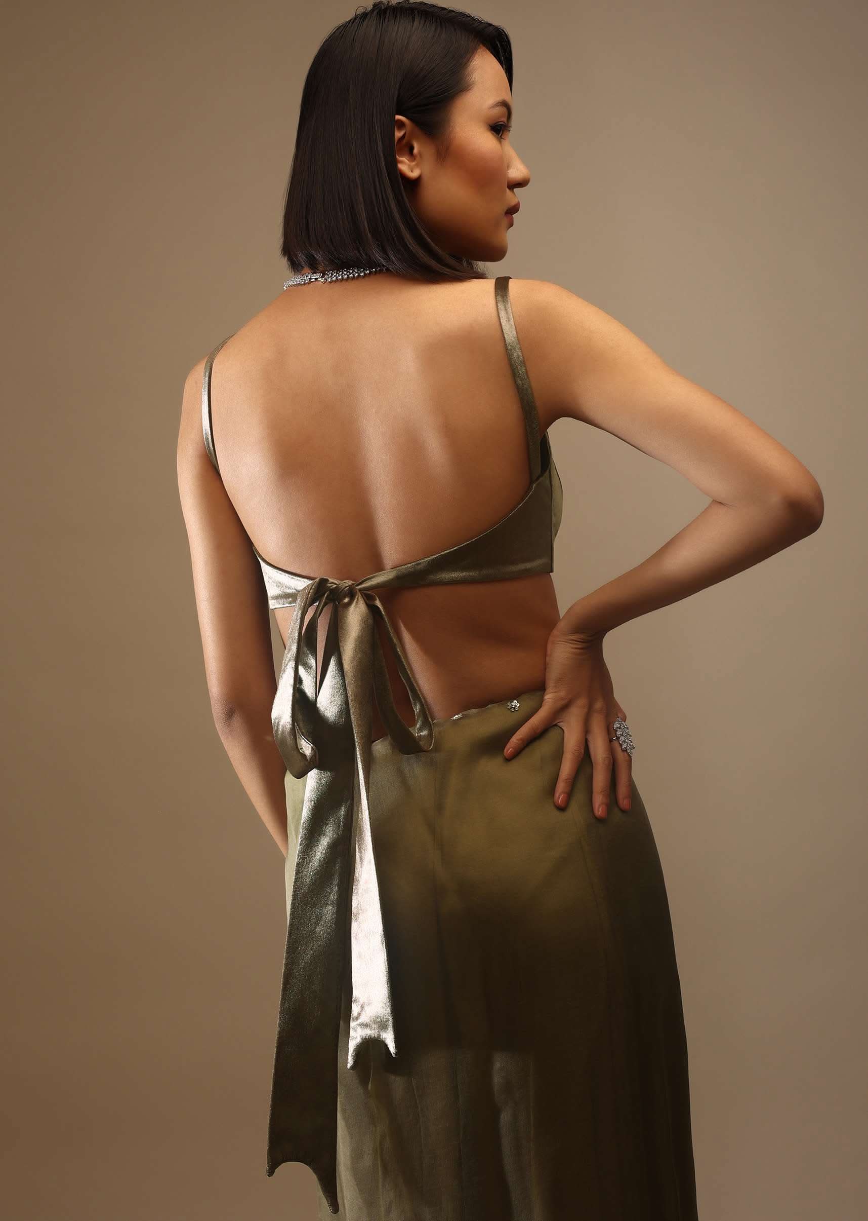 Butternut Olive Satin Spaghetti Strap Blouse With A Curved Neckline Tie Down At The Back - Image 2