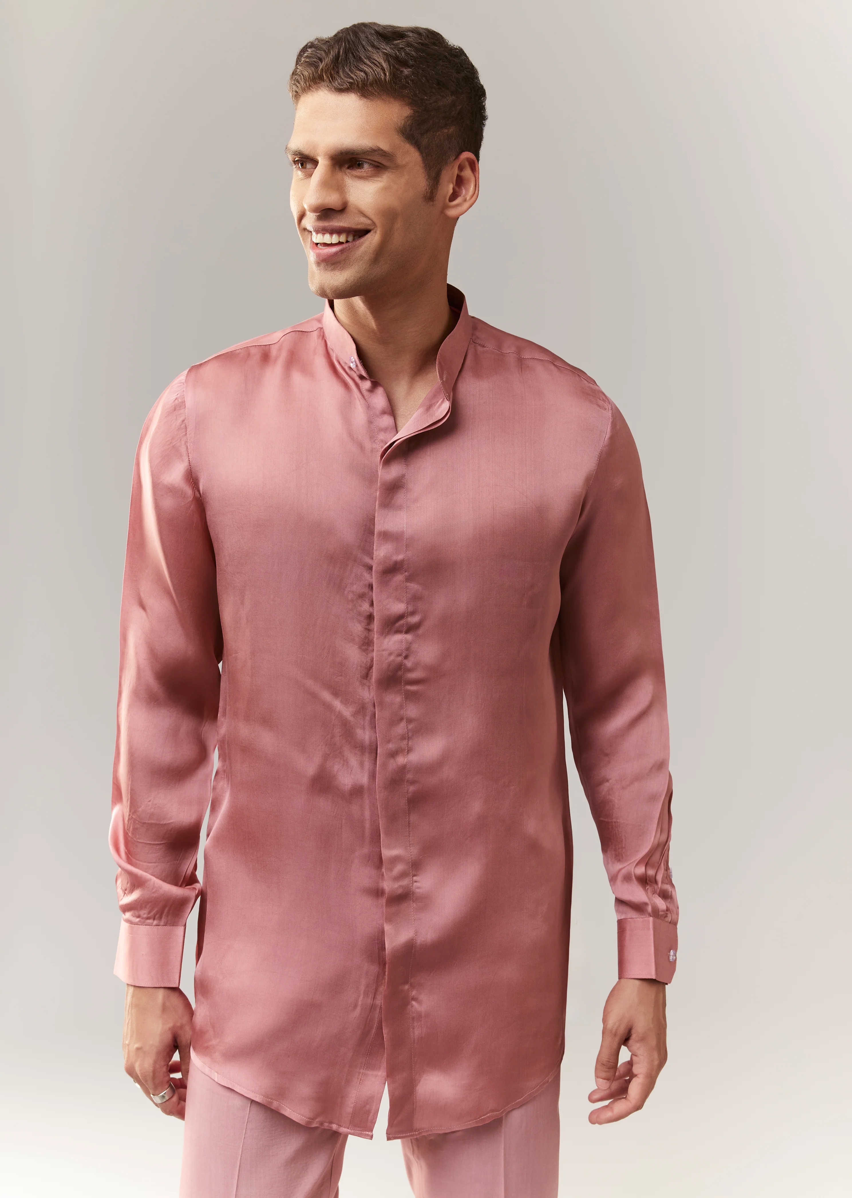 Celebration Couple Set – Blush Pink Georgette Fish-Cut Lehenga with Embroidered Sleeveless Blouse & Choker Dupatta for Her And Pink Jodhpuri-Style Tuxedo Set with Metal Broach for Him - Image 10