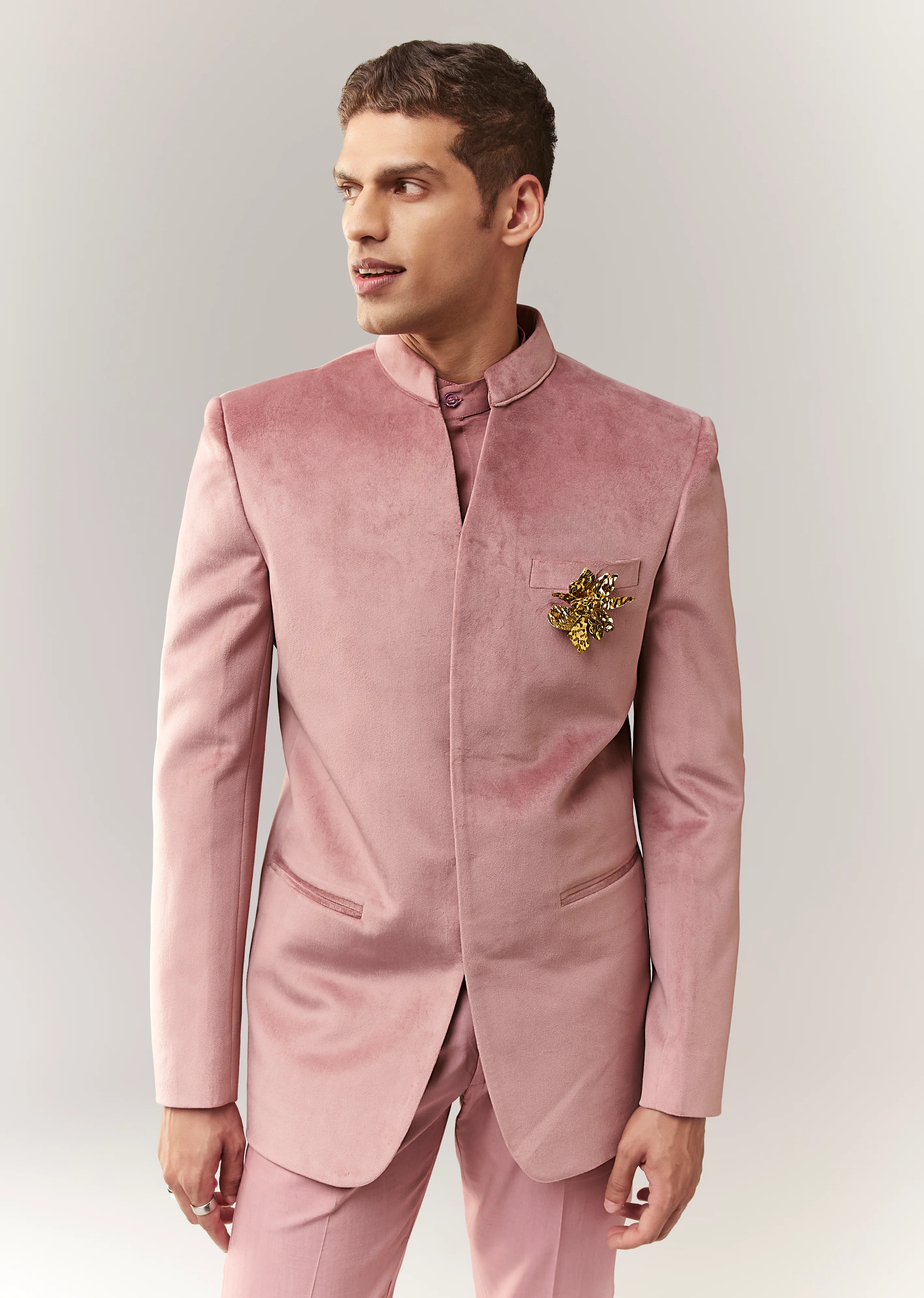 Celebration Couple Set – Blush Pink Georgette Fish-Cut Lehenga with Embroidered Sleeveless Blouse & Choker Dupatta for Her And Pink Jodhpuri-Style Tuxedo Set with Metal Broach for Him - Image 8