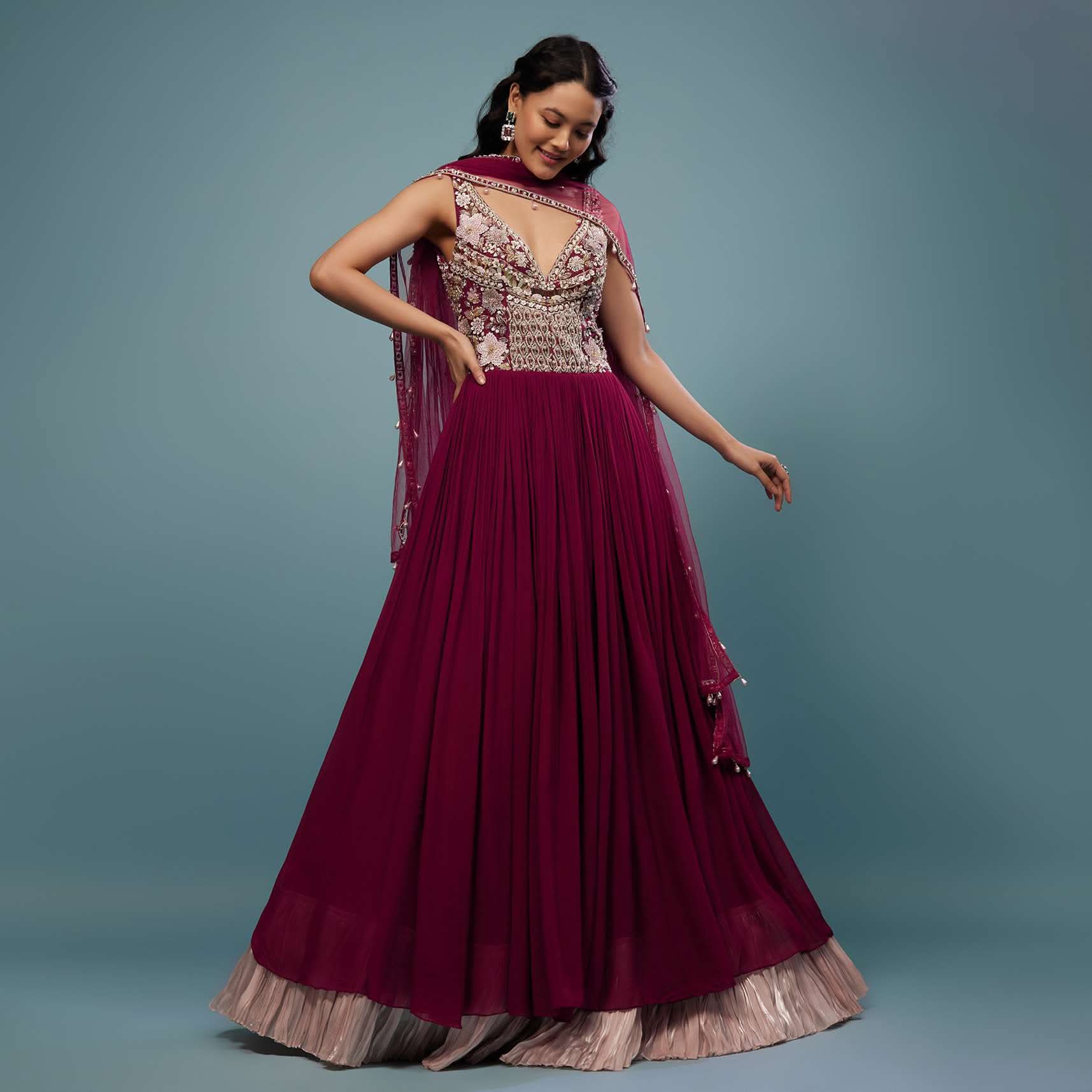 Wine Red Embroidered Anarkali Suit In Viscose Georgette - Image 3