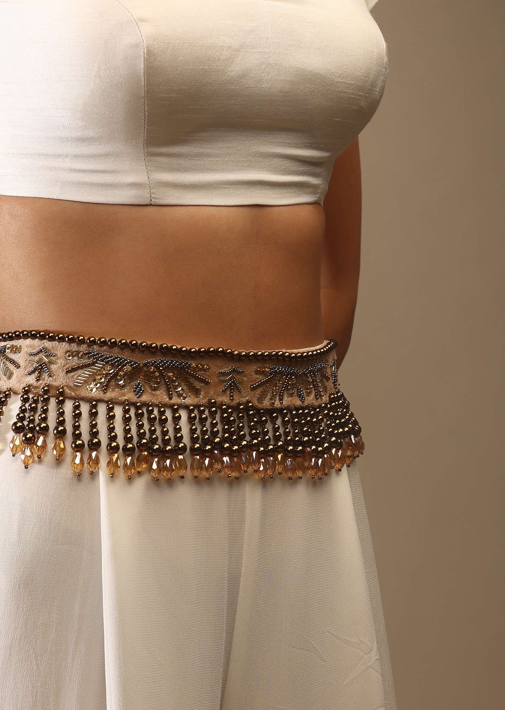 Champagne Beige Velvet Belt With Moti Fringes - Image 2