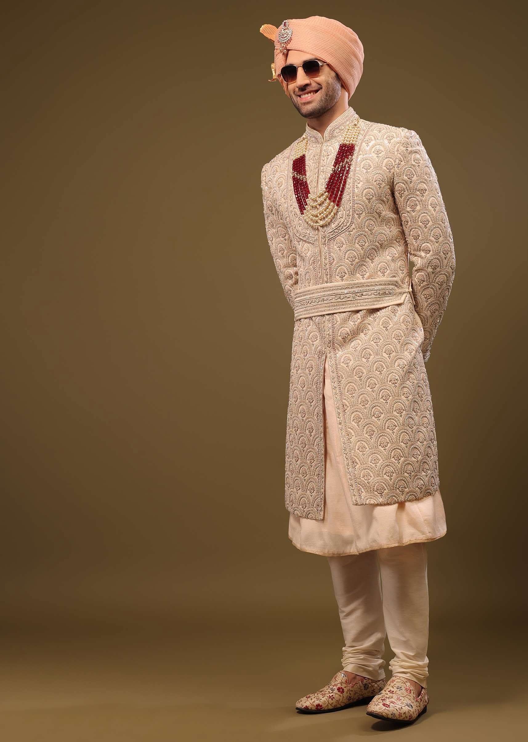 Champagne Brown Silk Sherwani Set With Hand Embroidery - Image 3
