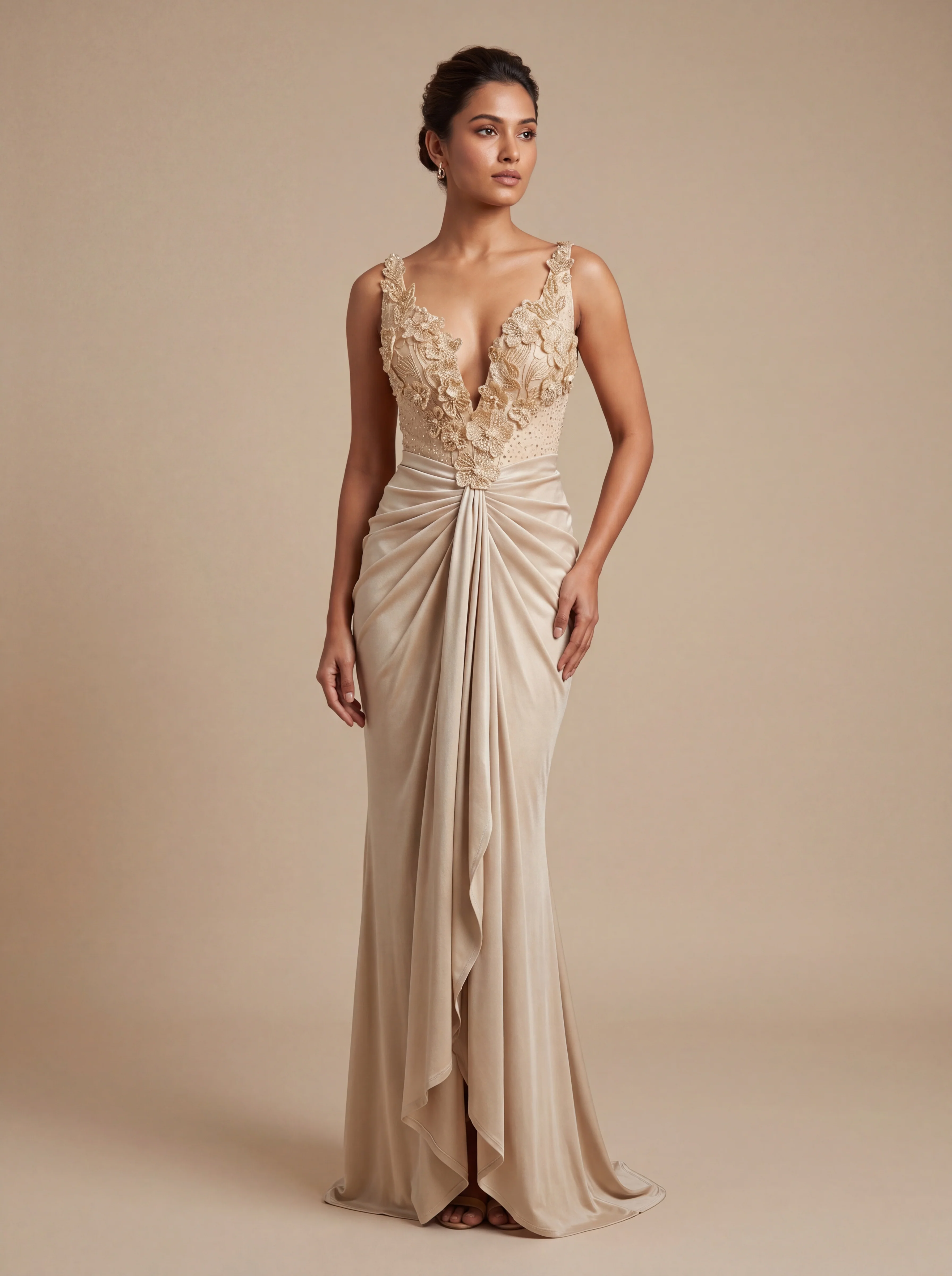 Champagne Contemporary Gown With Draped Silhouette  Sheer Dupatta