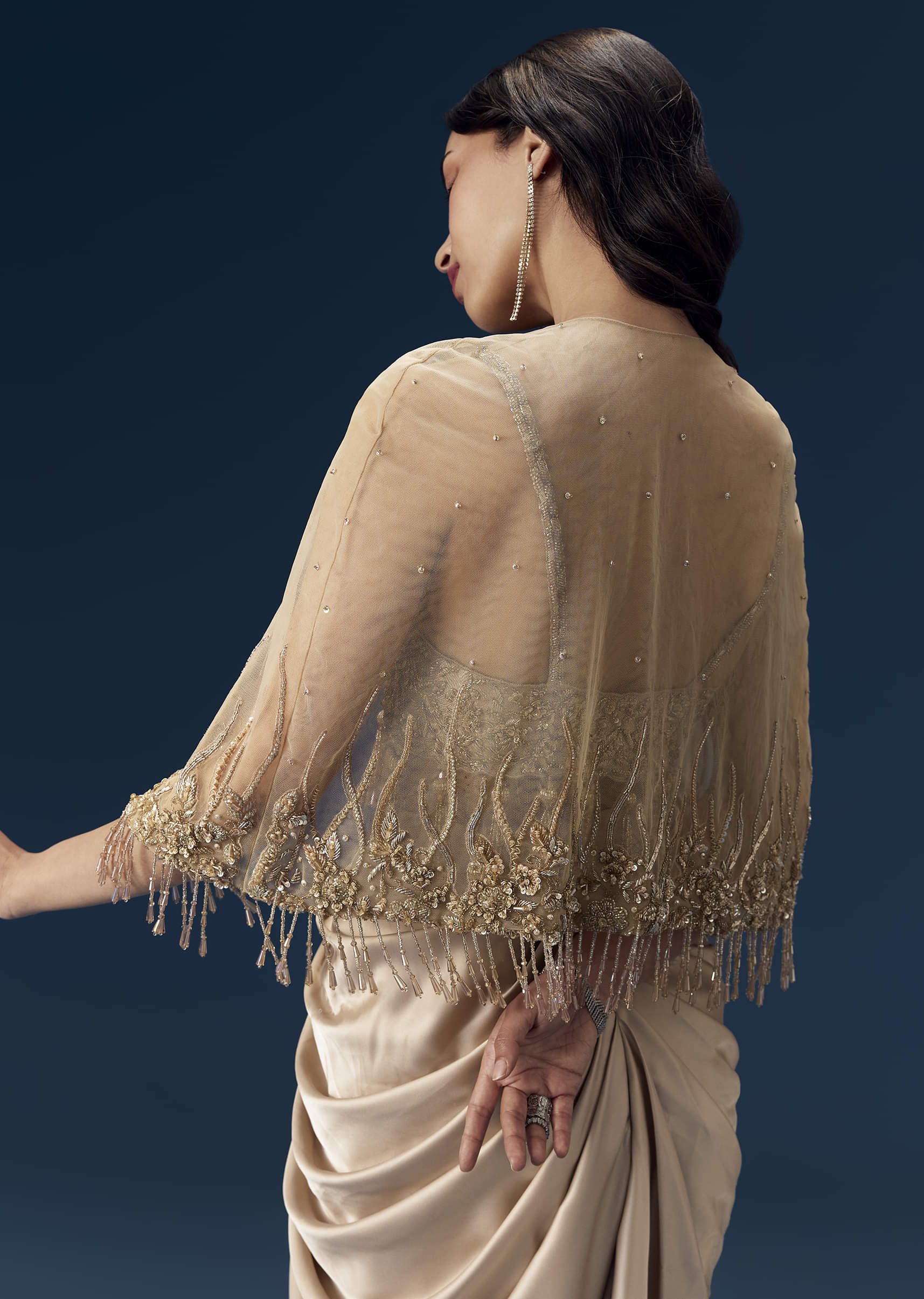 Champagne Embeliished Crop Top and Draped Skirt Set - Image 5