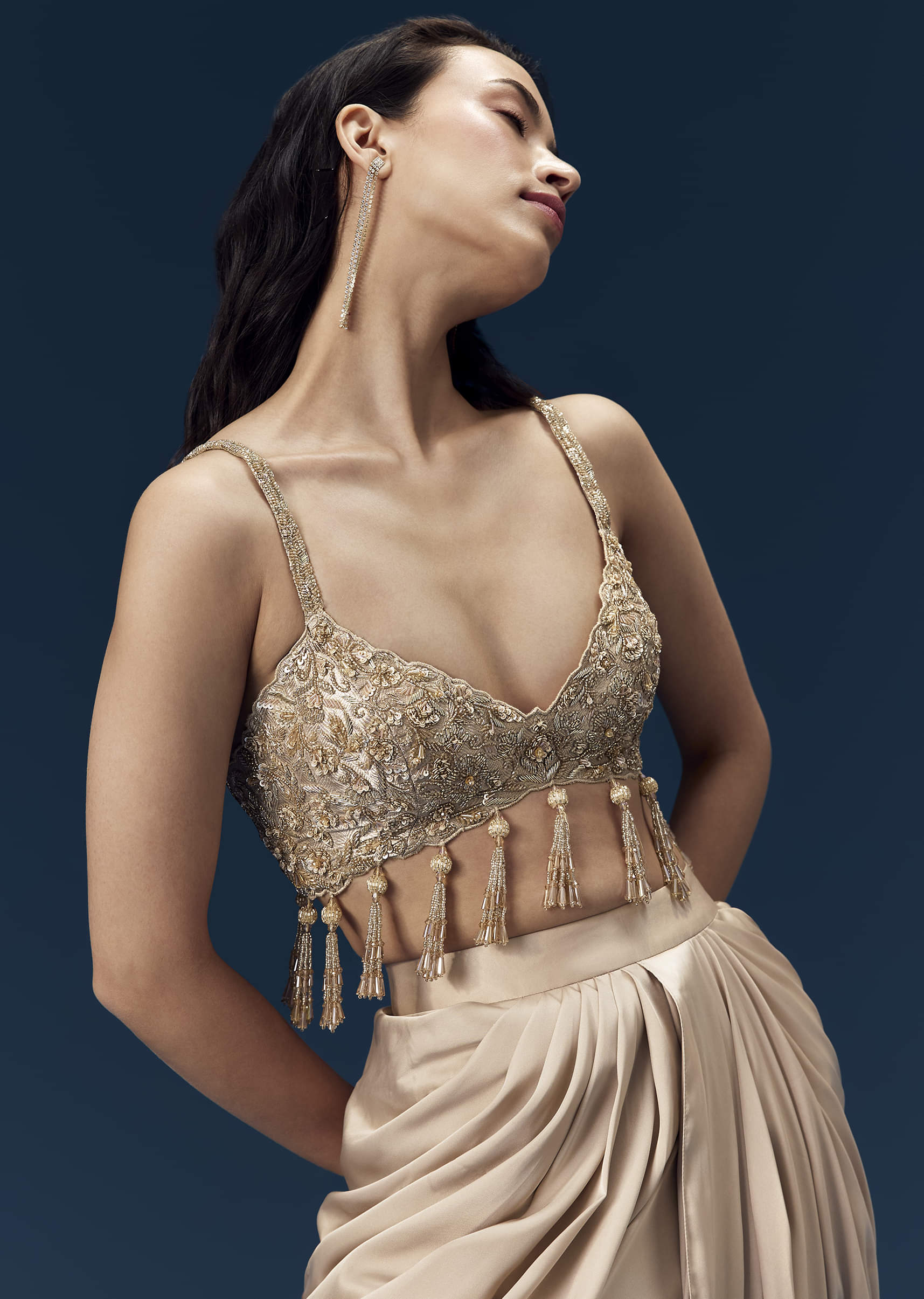 Champagne Embeliished Crop Top and Draped Skirt Set - Image 6