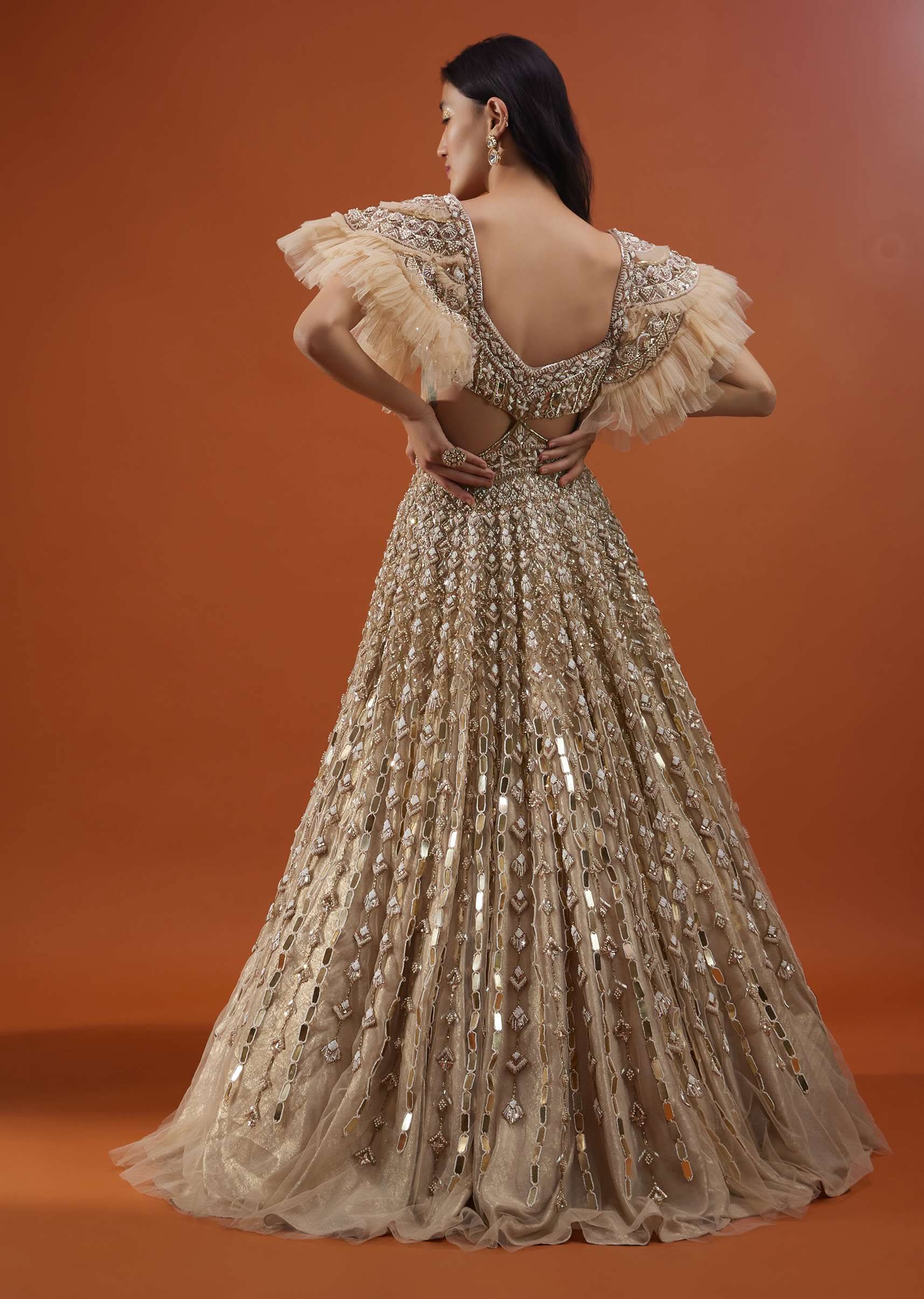 Champagne Gold Angelic Gown In Net With Ruffle Sleeves And Mirror Work - NOOR 2022 - Image 10