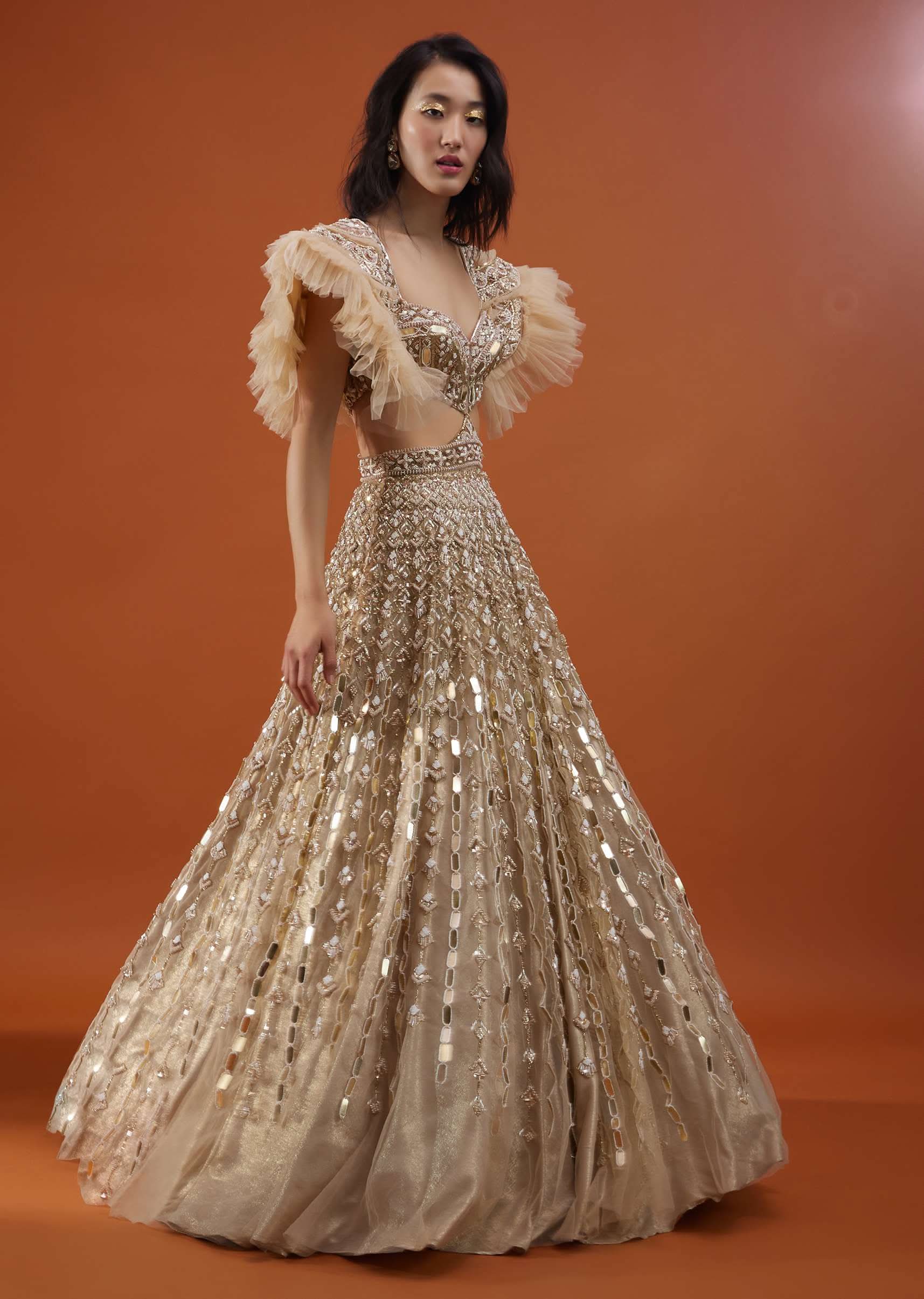 Champagne Gold Angelic Gown In Net With Ruffle Sleeves And Mirror Work - NOOR 2022 - Image 6
